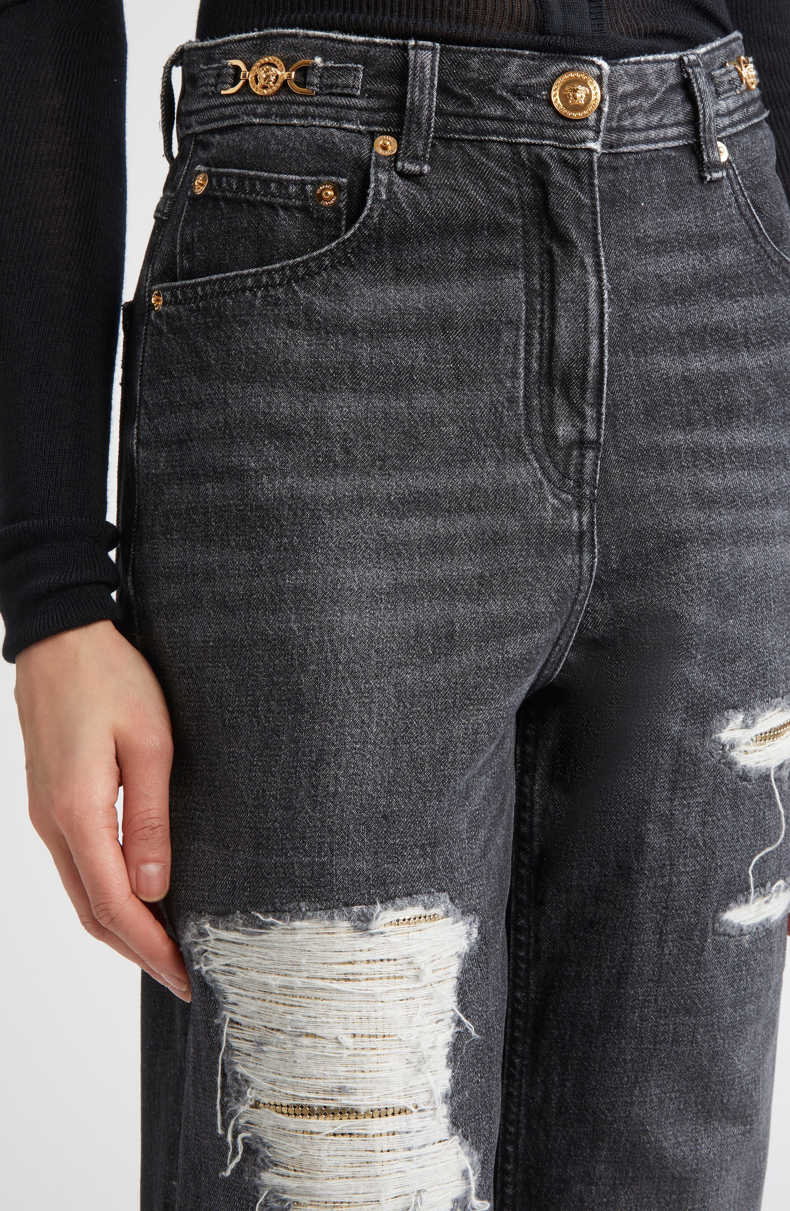 Versace Rip & Repair Straight Leg Jeans in Black at Nordstrom - 5