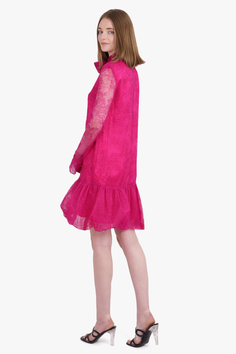 V-NECK RUFFLE LACE DRESS | FUSCHIA - 3