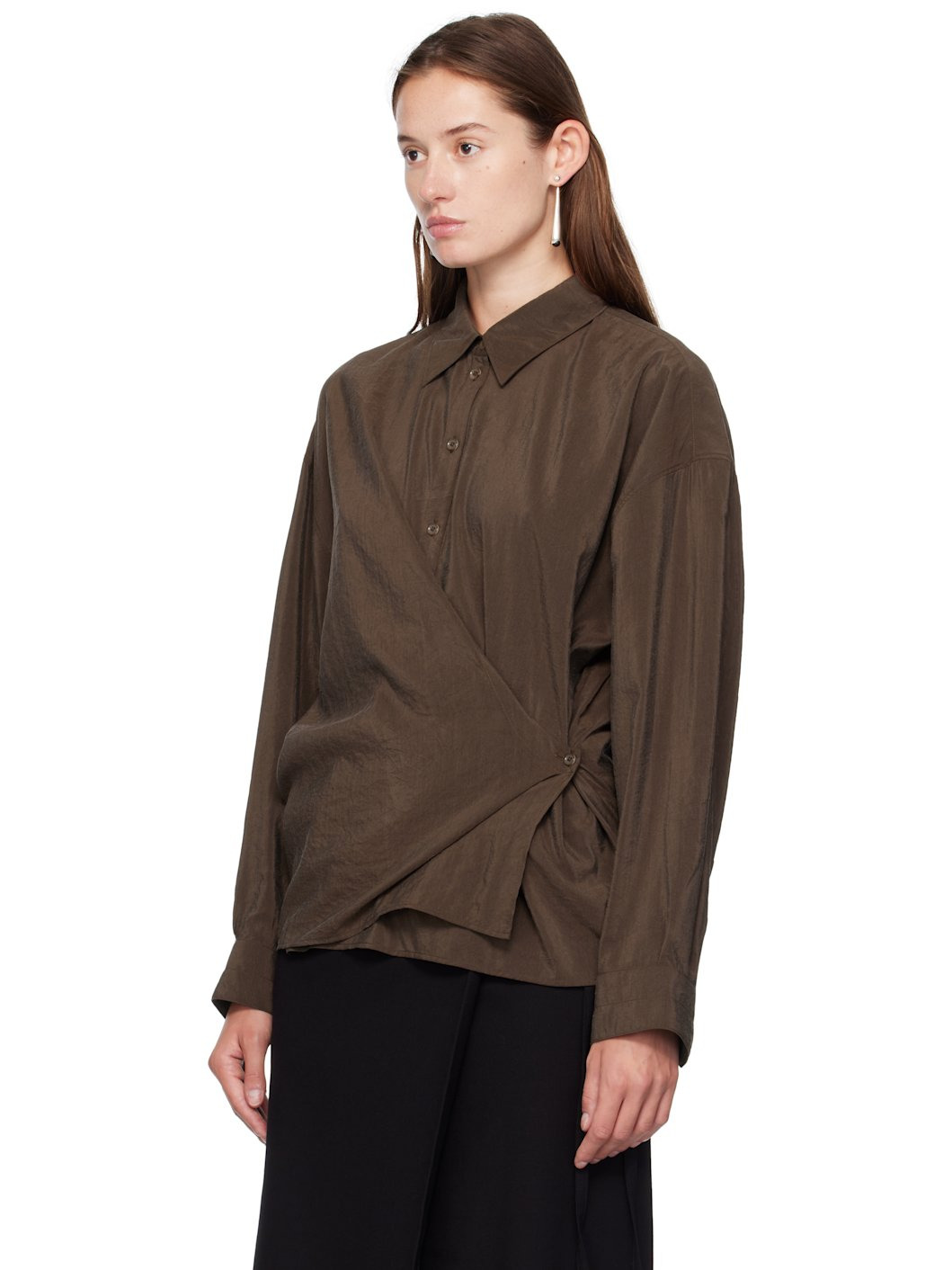Brown Straight Collar Twisted Shirt - 4
