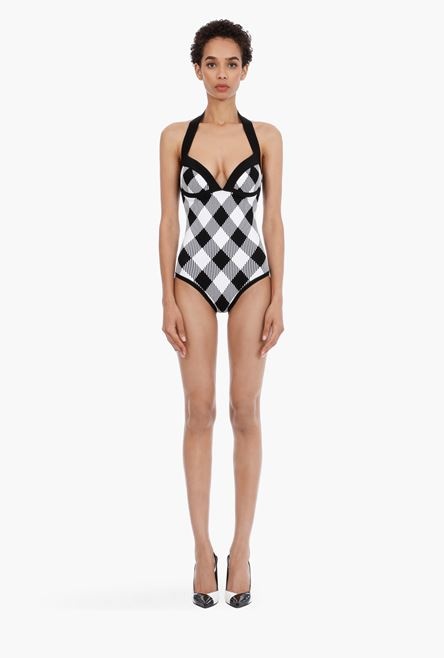 Black and white gingham-print knit bodysuit - 4