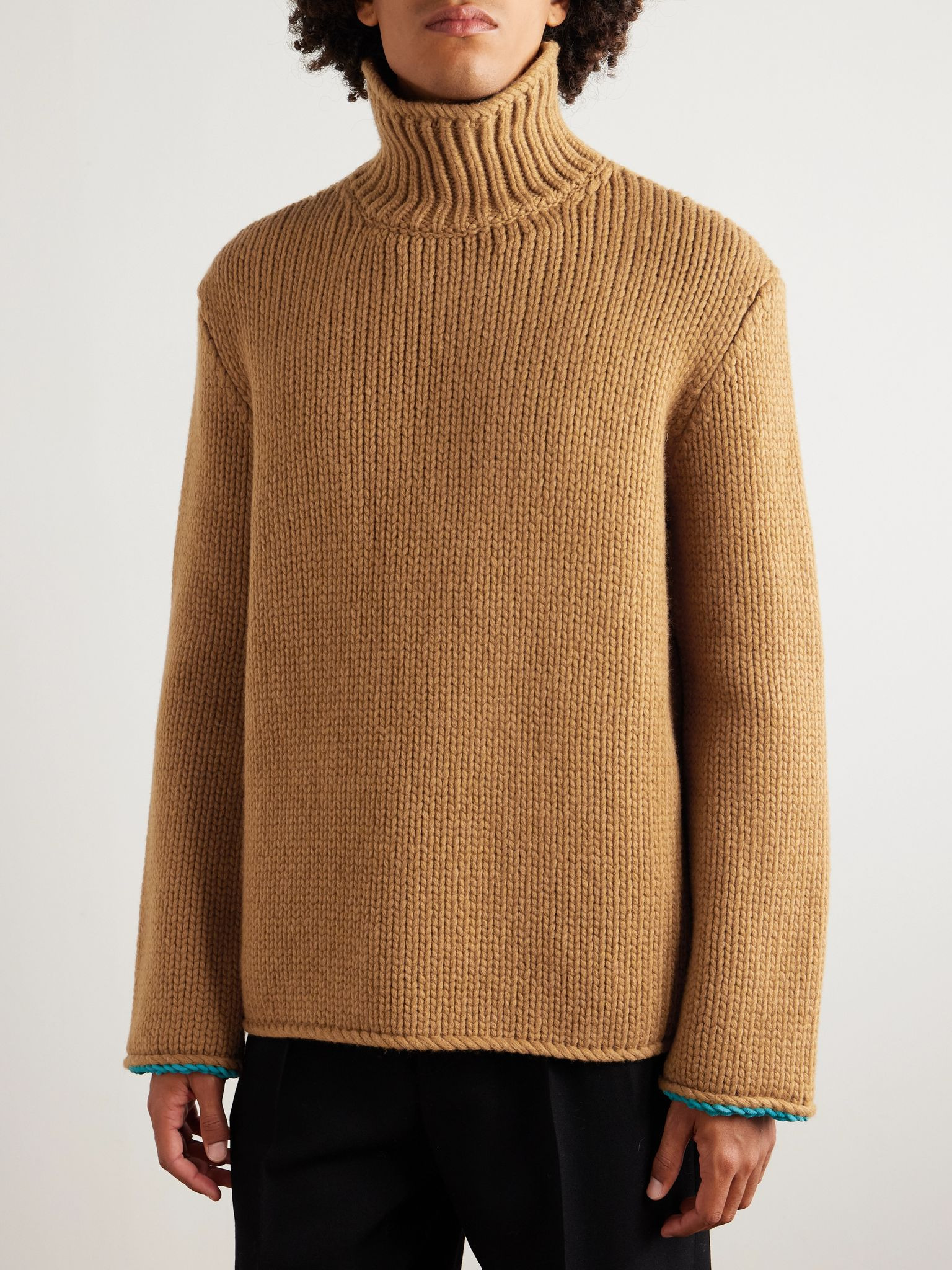 Suede-Trimmed Wool Rollneck Sweater Tan - 3