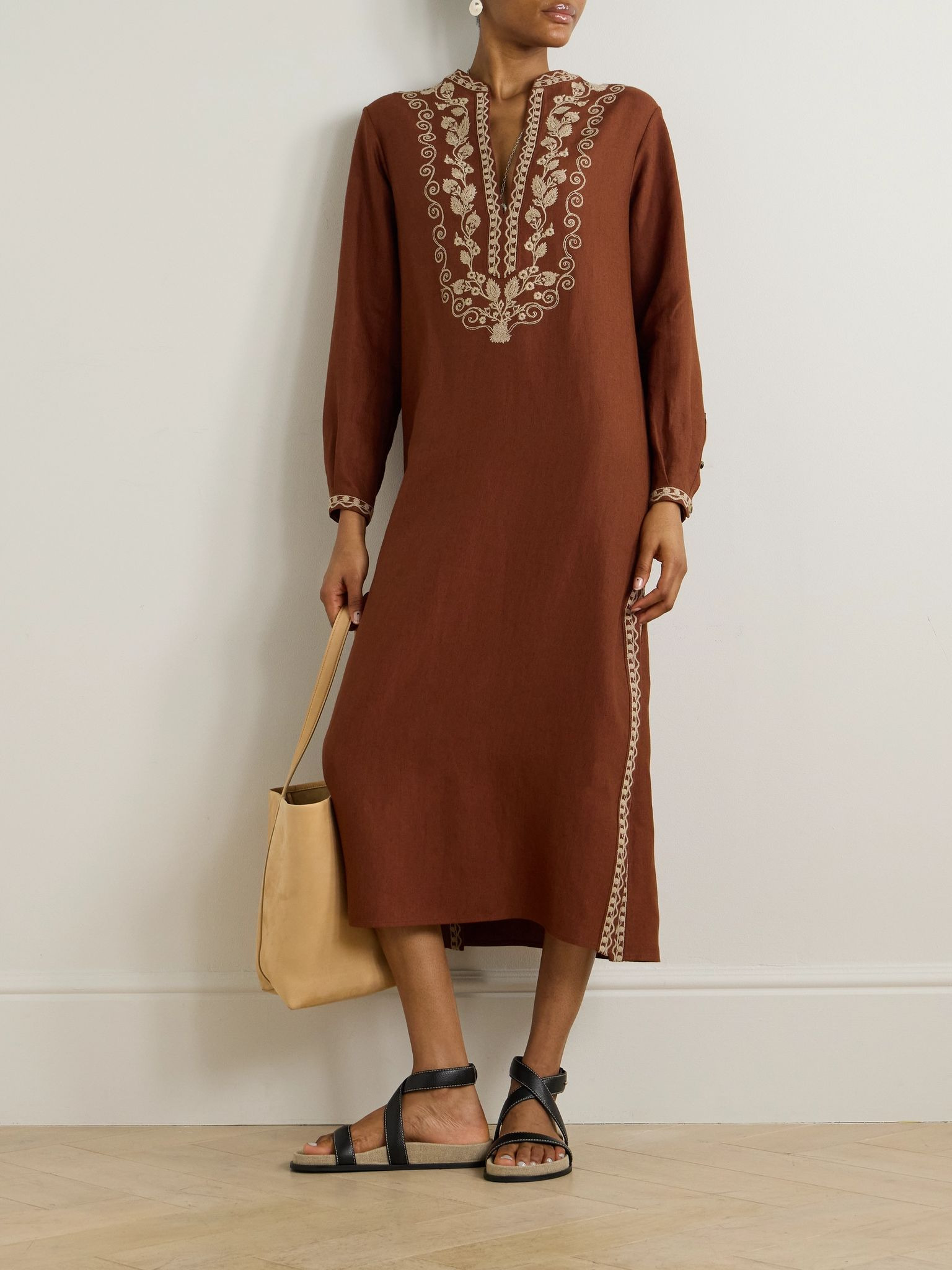 Embroidered linen kaftan Brown - 2