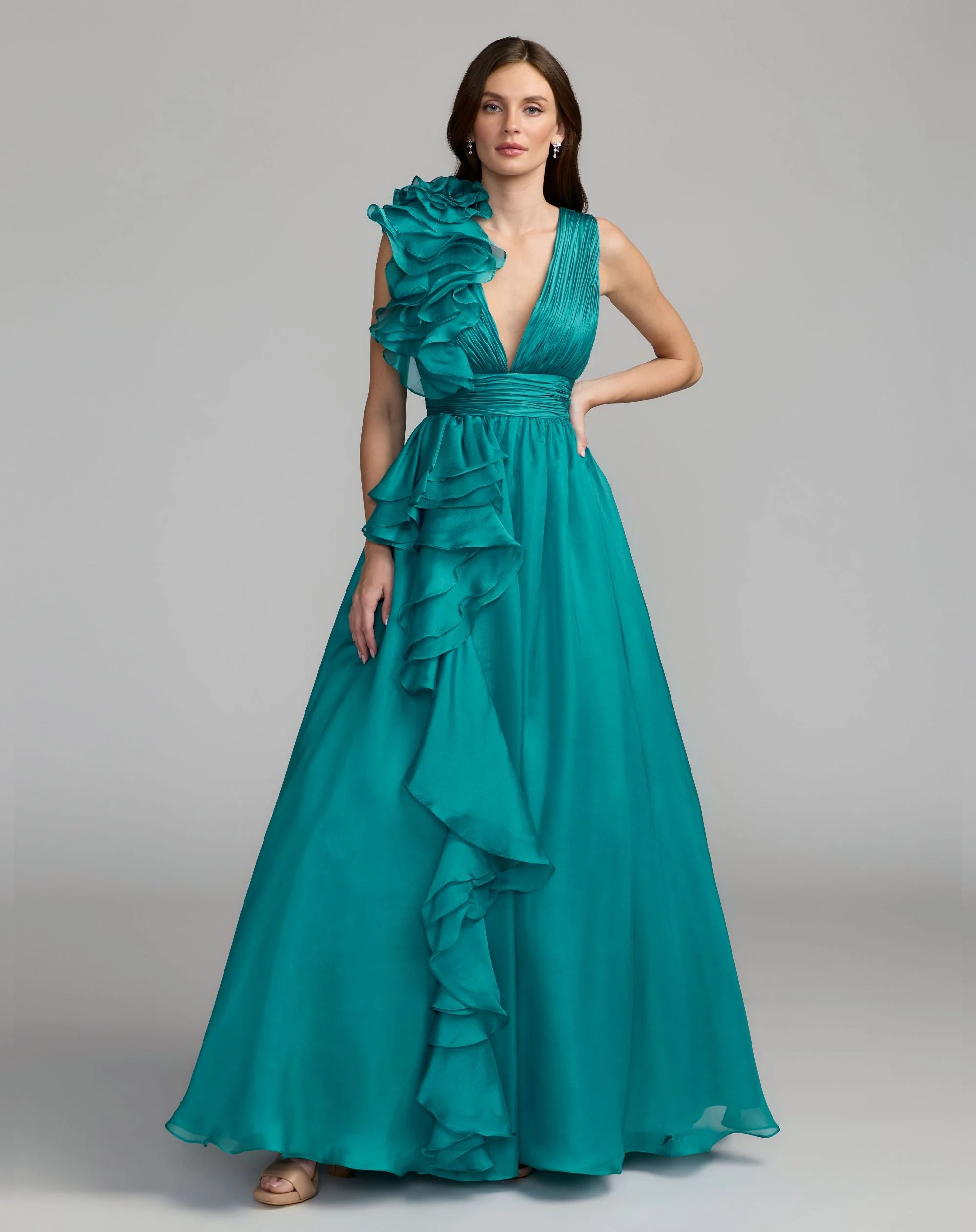 Teal Ruffle Shoulder V-Neck Chiffon Gown - 1