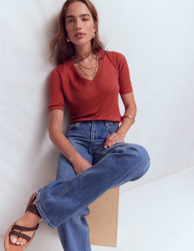 Agnes Linen V Neck T-Shirt-Burnt Orange - 1