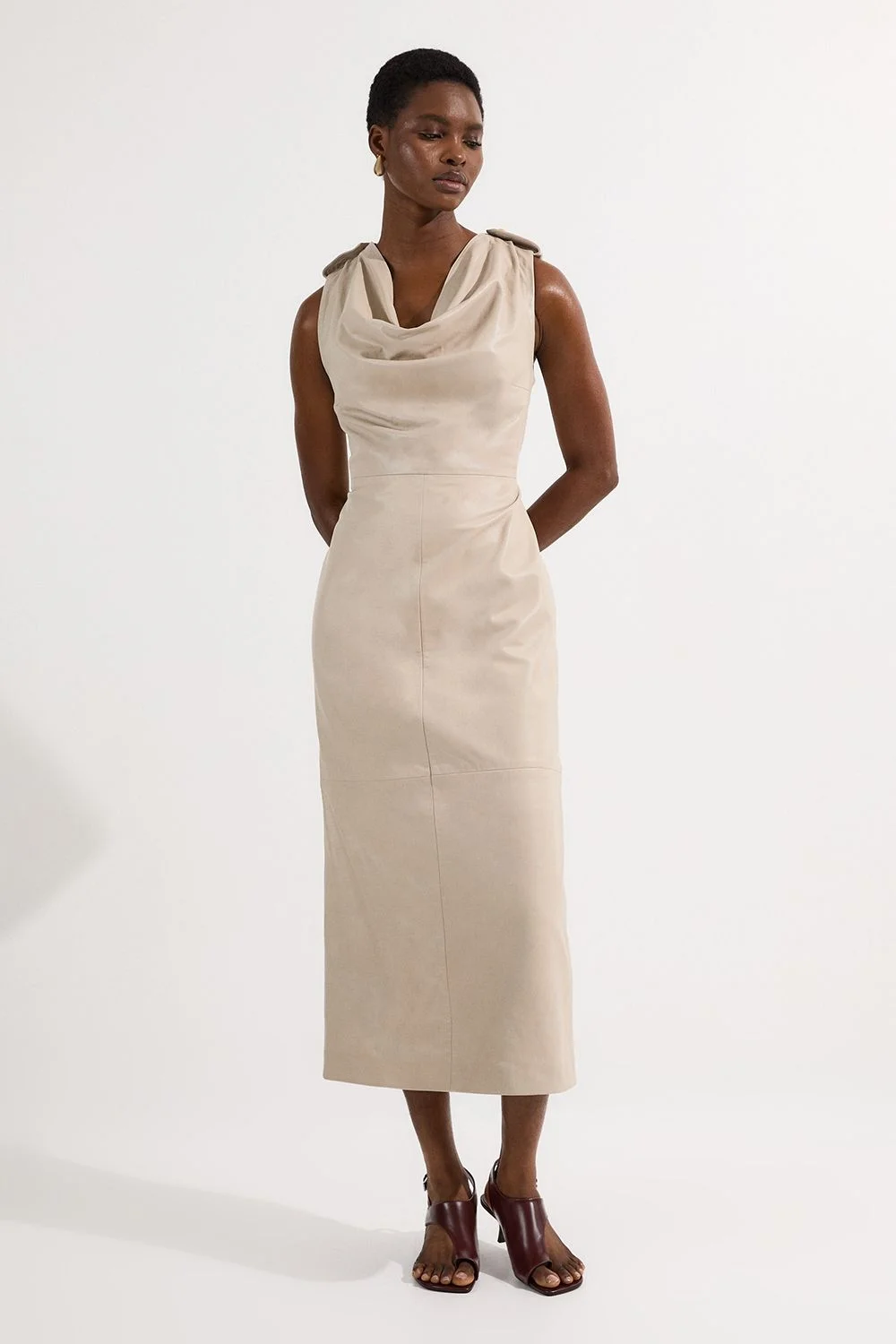 Leather Cowl Neck Drape Pencil Midi Dress - 1