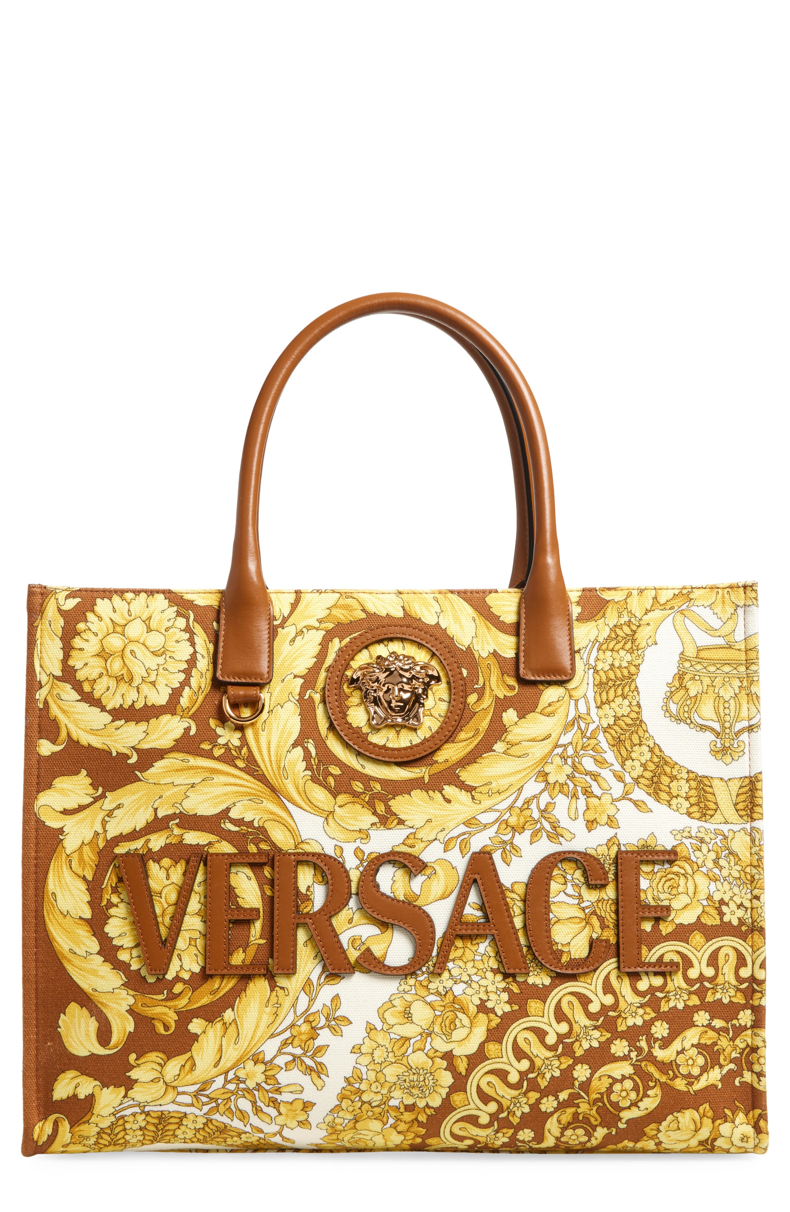 Versace La Medusa Logo Floral Canvas Tote in Brown Spice Brown Gold at Nordstrom - 1