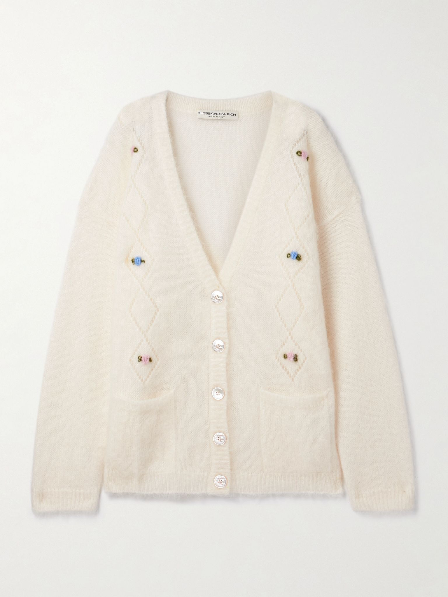 Embroidered pointelle-knit mohair-blend cardigan White - 1