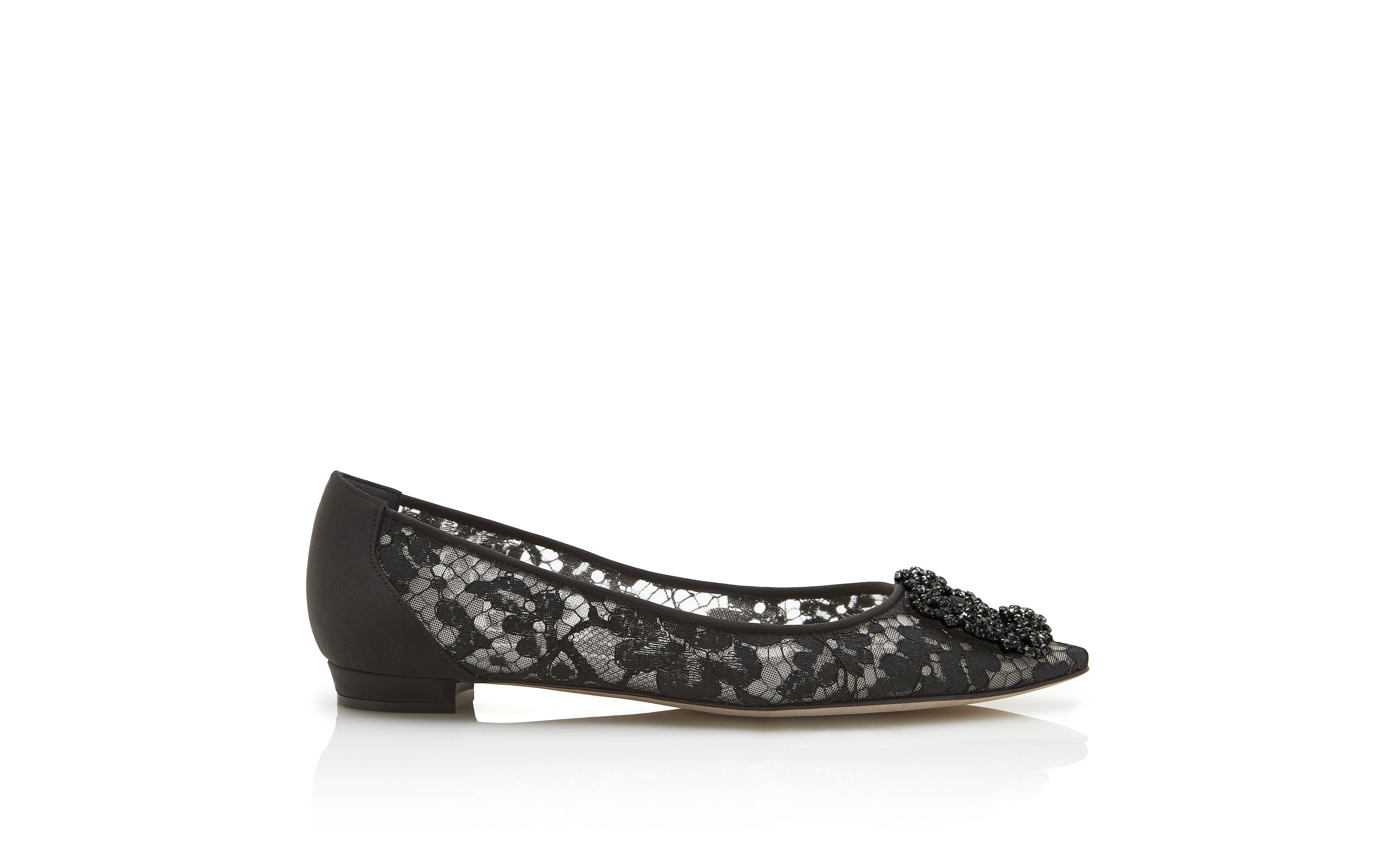 Black Lace Jewel Buckle Flats - 1