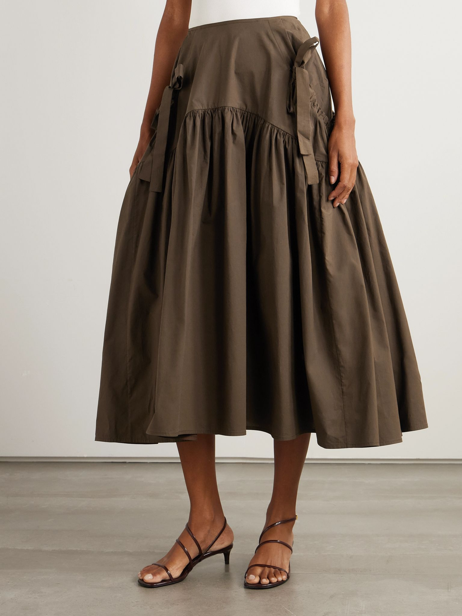 Justice bow-detailed gathered cotton midi skirt Brown - 3