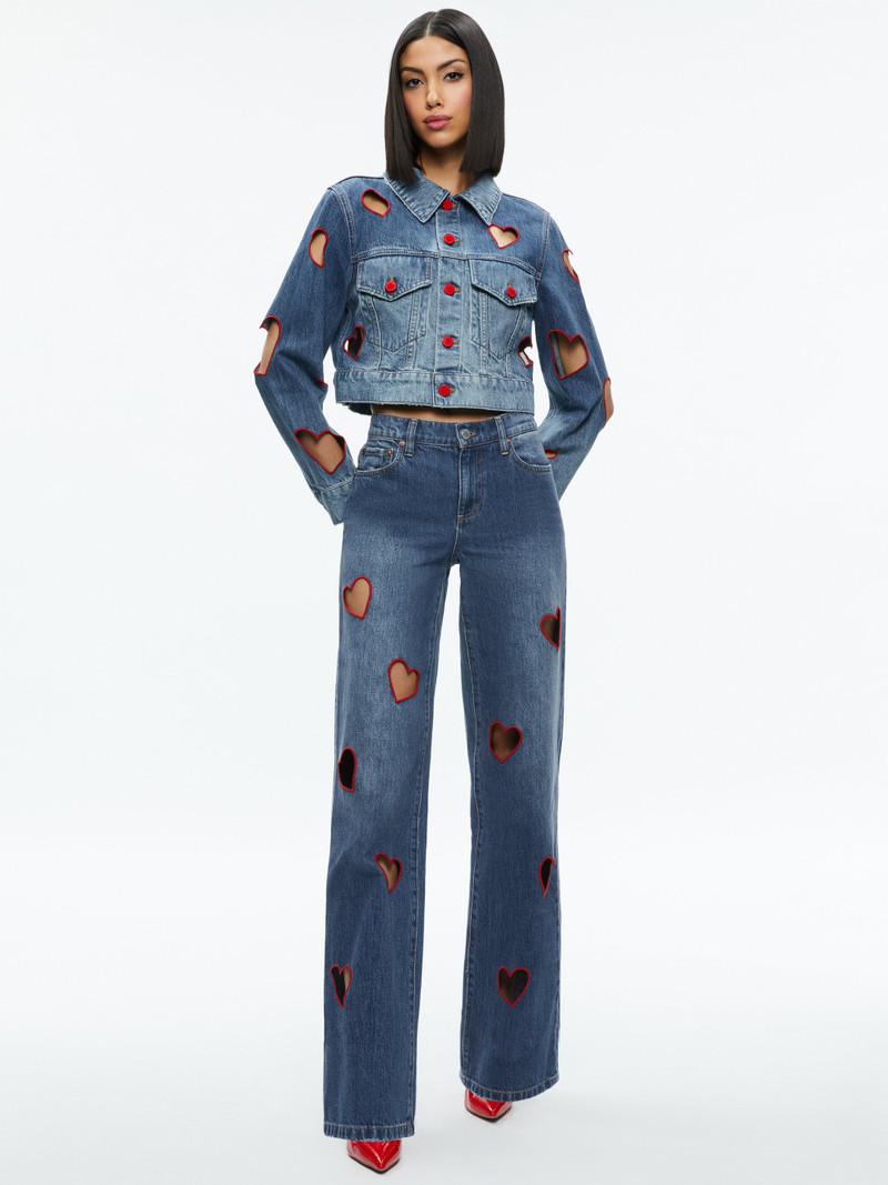 Alice + Olivia JEFF HEART EMBROIDERED CROPPED DENIM JACKET outlook