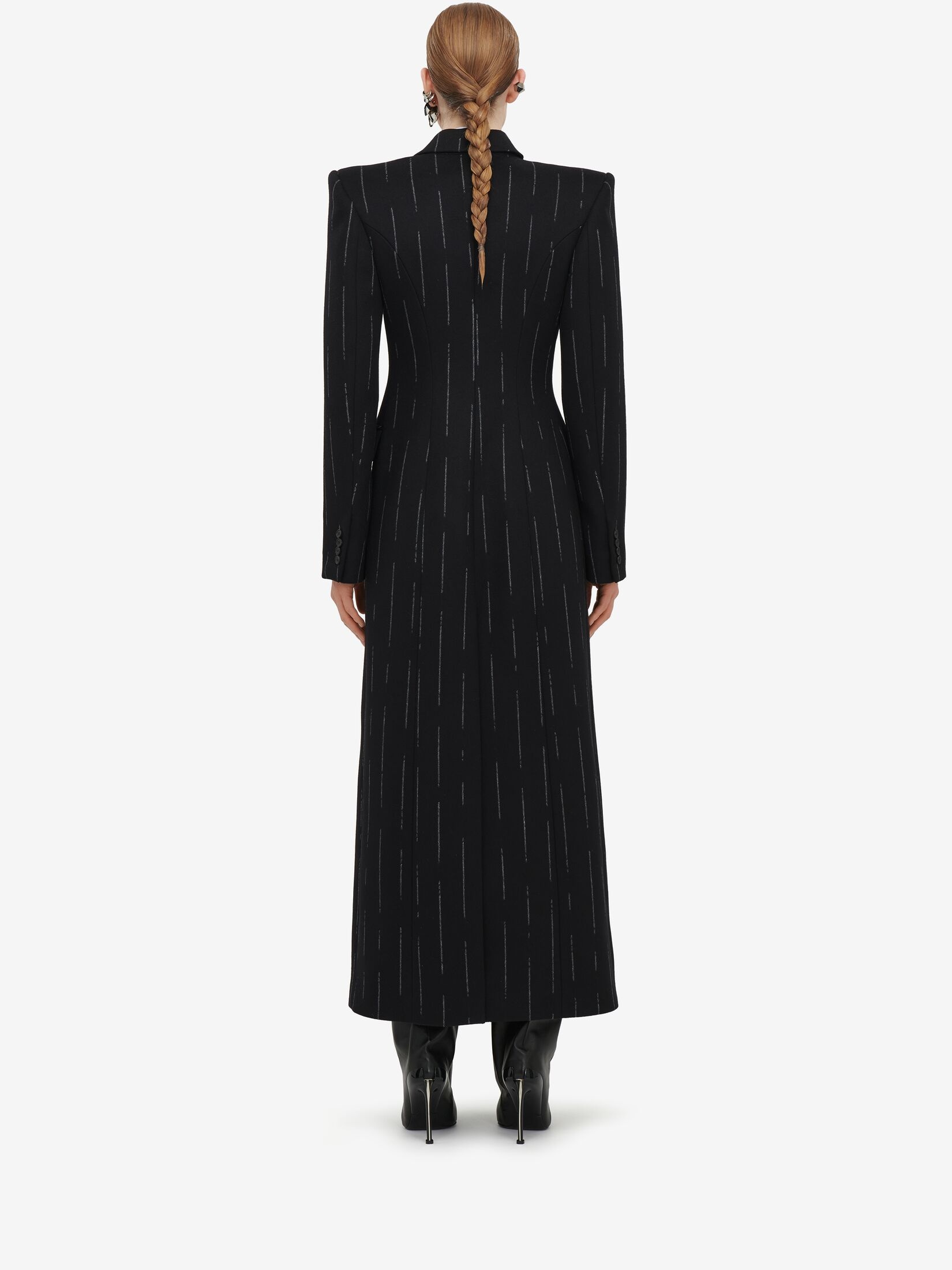 Women's Broken Pinstripe Tailored Coat in Black/ivory - 4