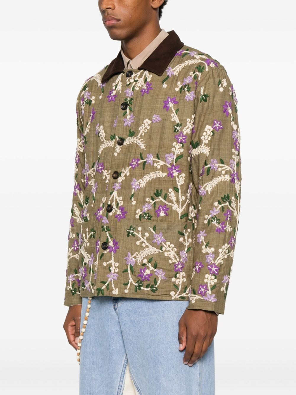 floral-embroidered suede-collar jacket - 3