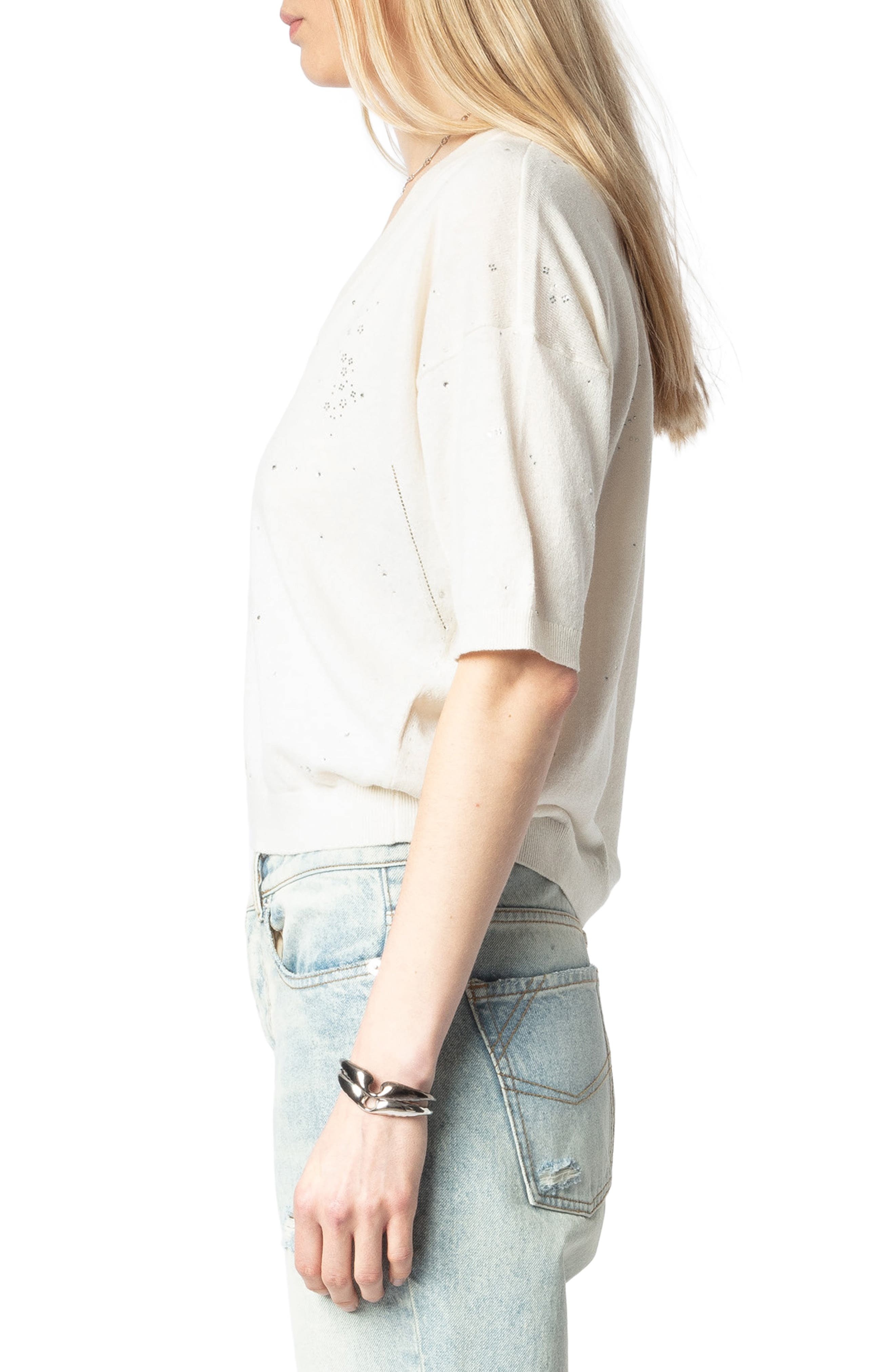 Zadig & Voltaire Wully Lico Embellished Linen Blend V-Neck Sweater in Ecru at Nordstrom - 3