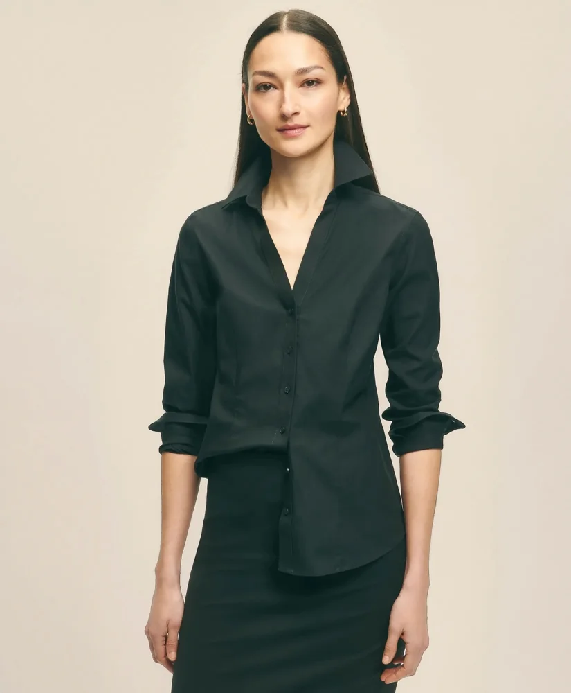 Fitted Non-Iron Stretch Supima® Cotton Open V-Neck Dress Shirt - 1