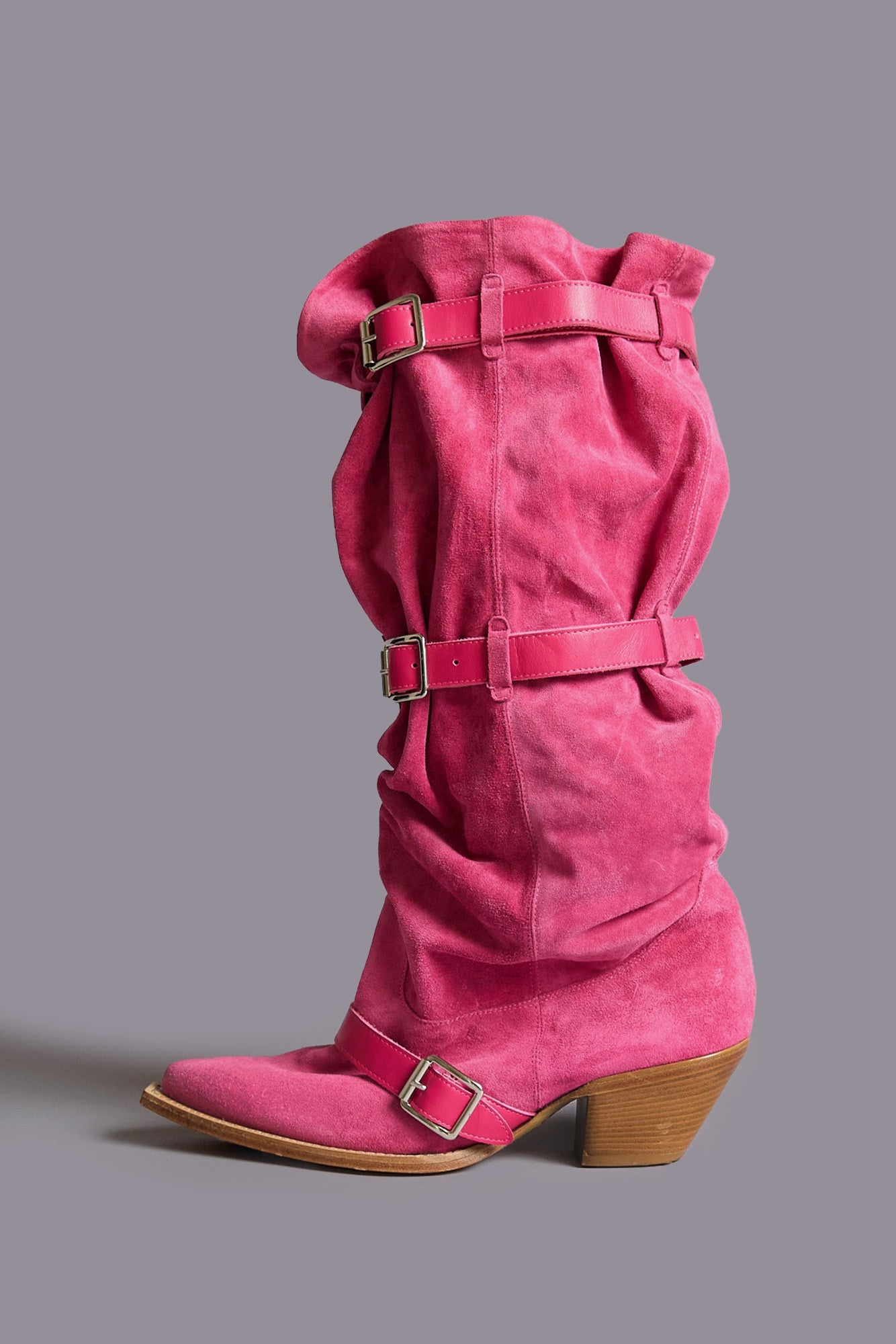 BUCKLED-UP SLOUCH COWBOY BOOT - BRIGHT PINK SUEDE - R13 - 2