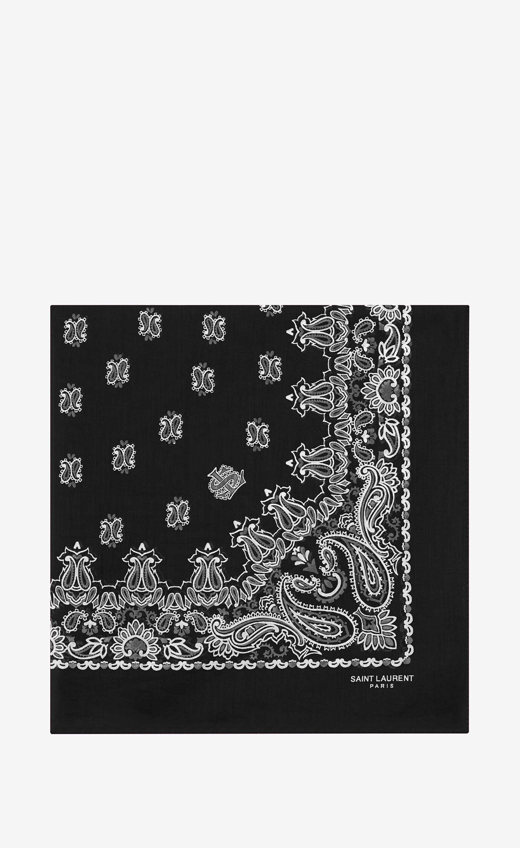 bandana square scarf in black and white paisley printed cotton - 1