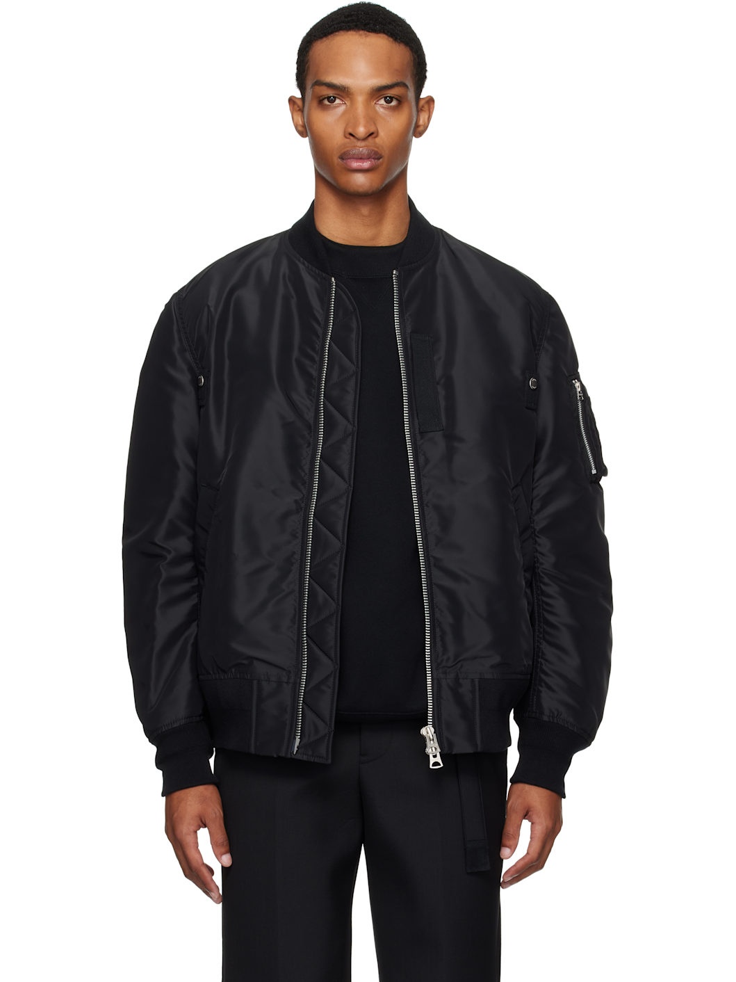 Black Nylon Twill Bomber Jacket - 1