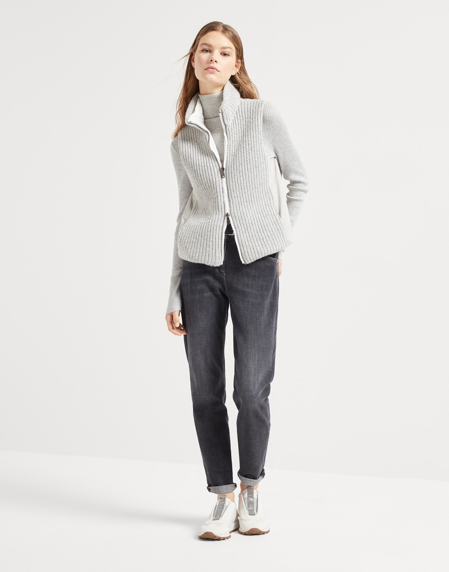 Cashmere Feather yarn reversible knit down vest with monili - 5