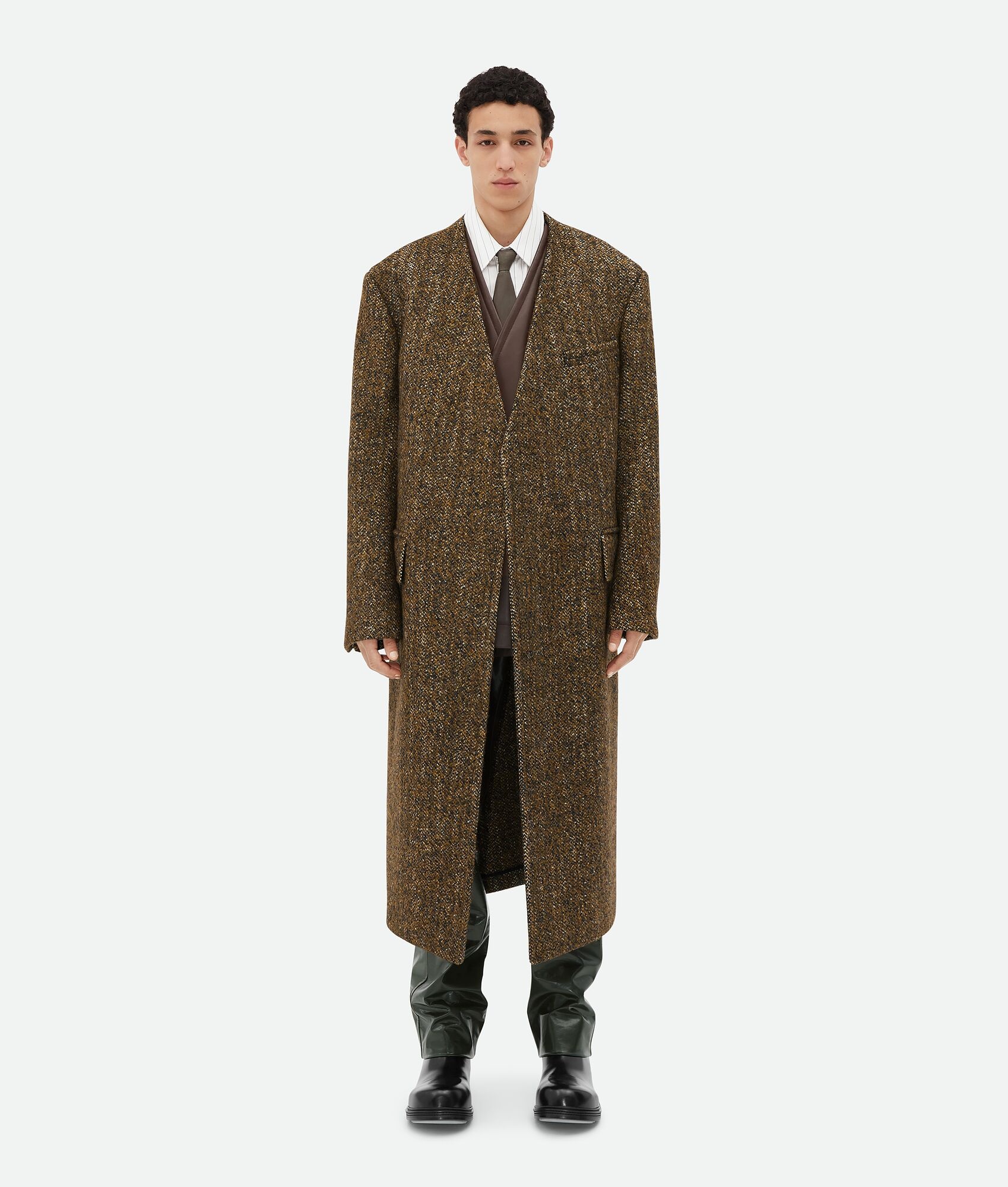 Textured Wool Speckled Coat With Leather Collar - 4