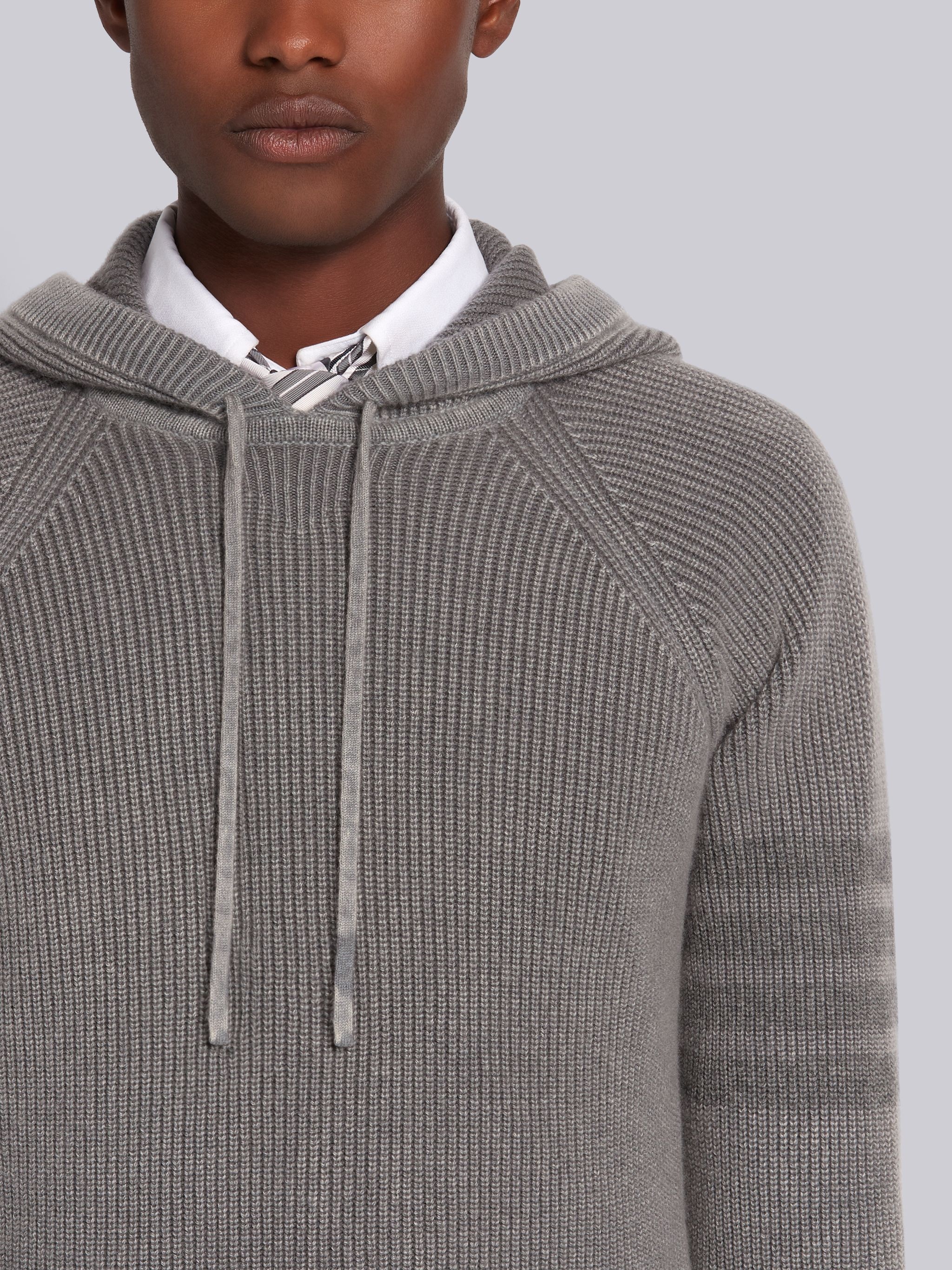 Medium Grey Cashmere Garment Dyed Half Cardigan Stitch Relaxed 4-Bar Pullover Hoodie - 5