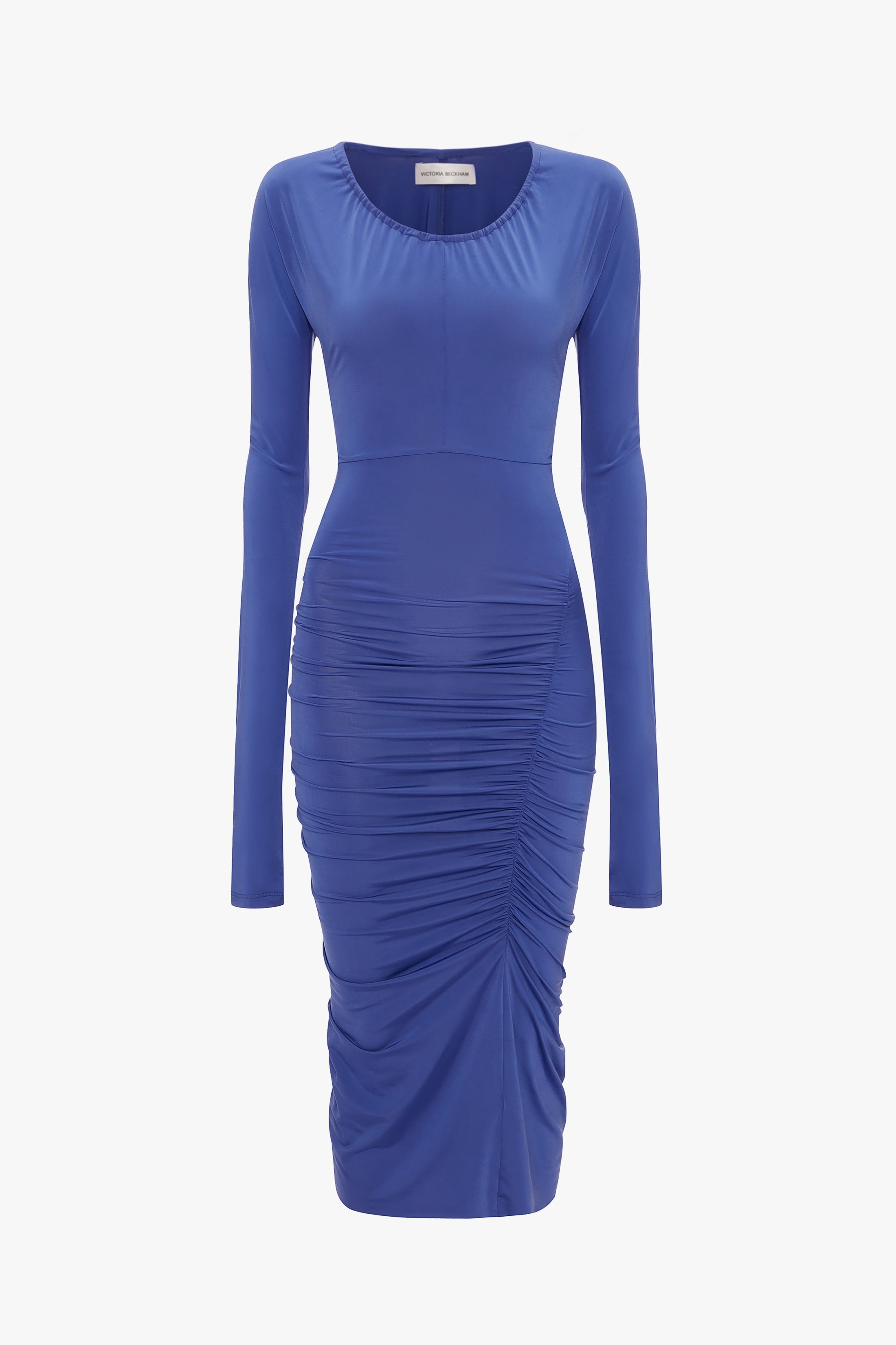 High Neck Asymmetric Draped Dress In Oxford Blue – Victoria Beckham UK