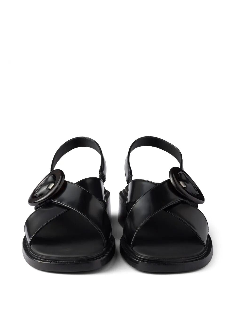 Prada Women Brushed Leather Crisscross Band Sandals With Plexiglas Buckle - 6