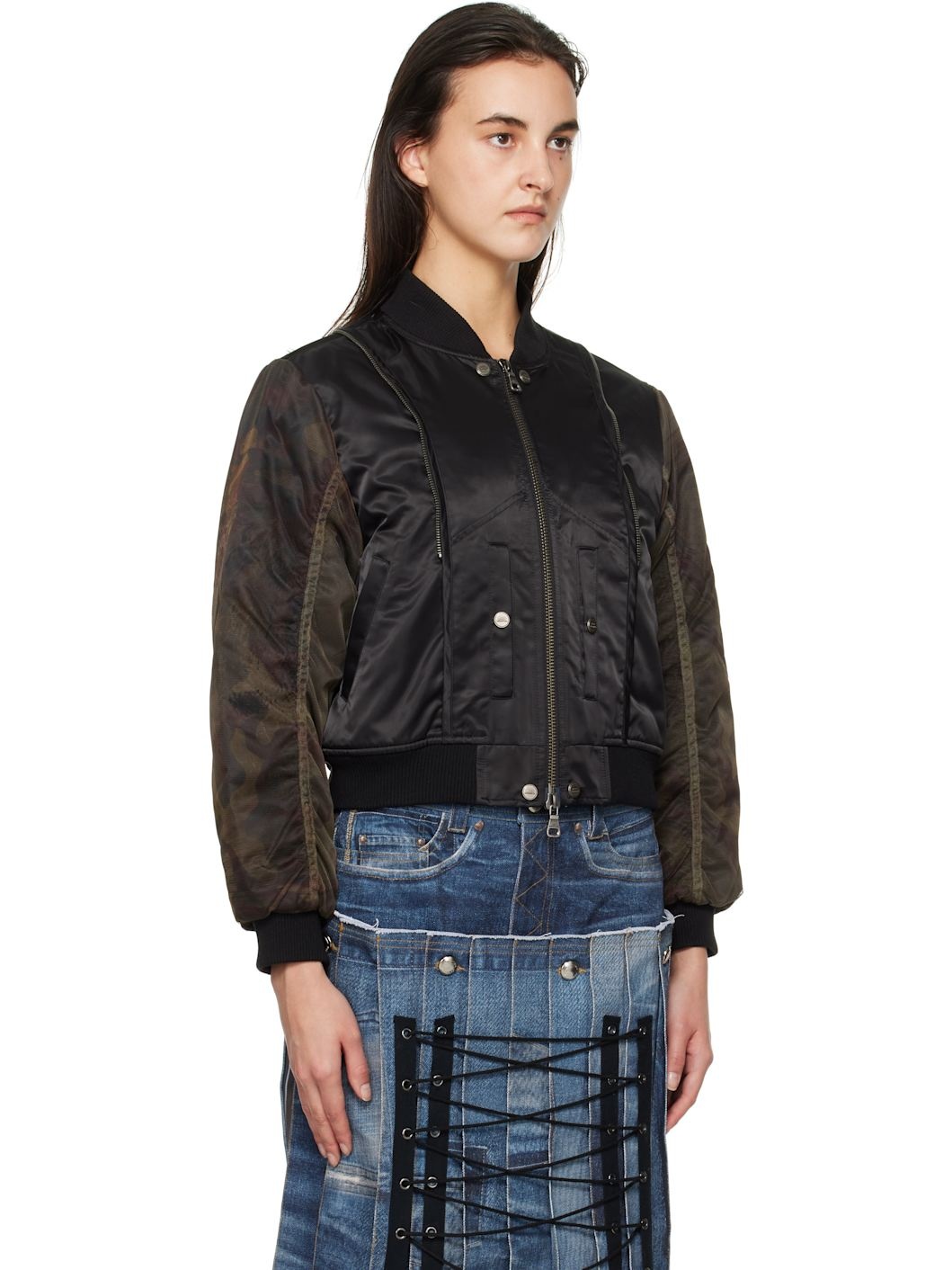 Black Mesh Sleeve Bomber Jacket - 2