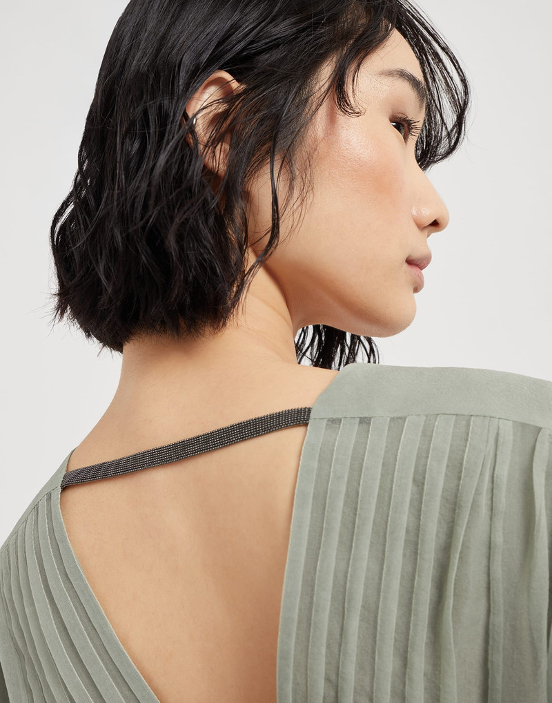 Crispy silk belted dress with pleated detail and precious strap 3