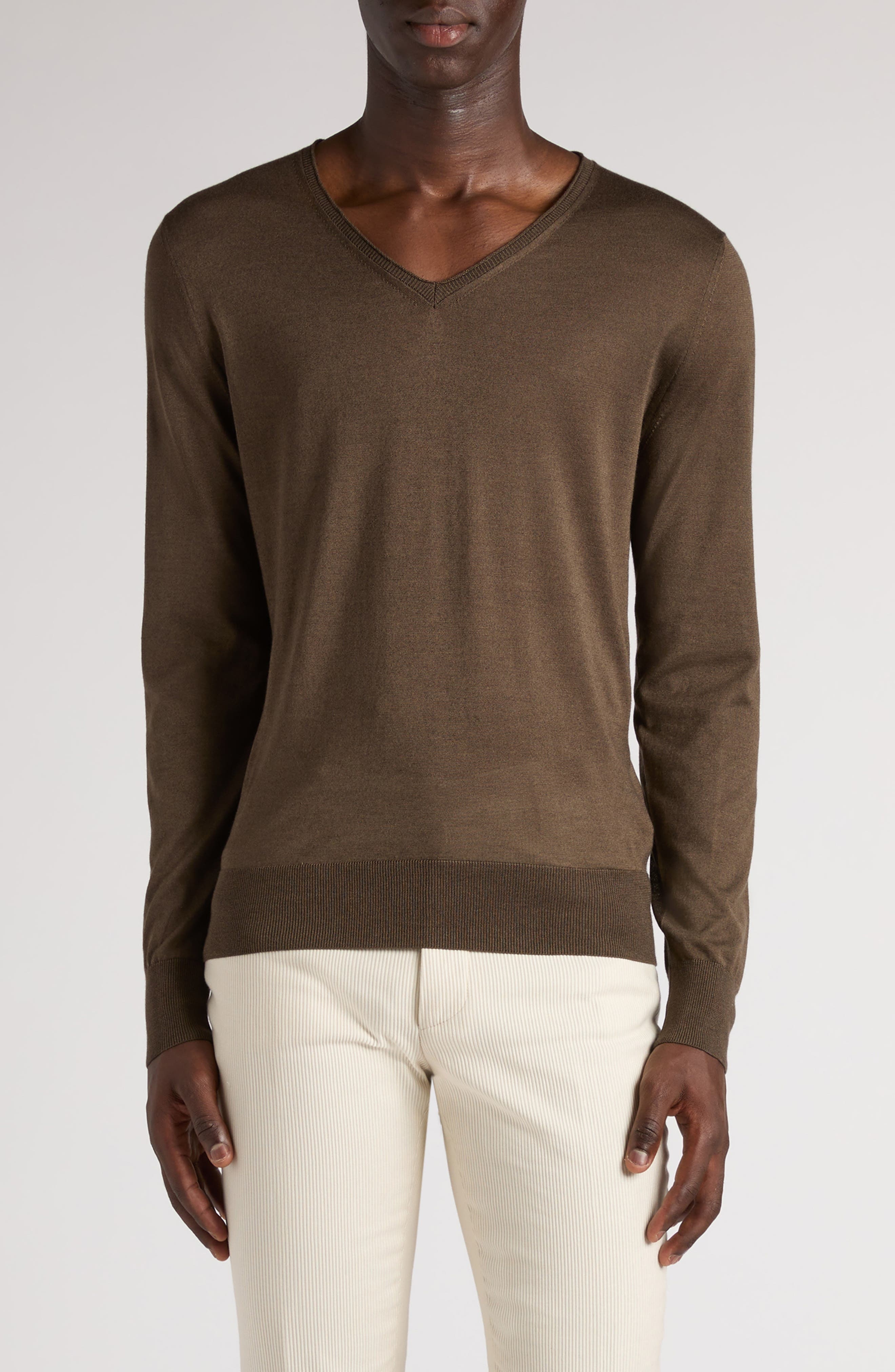 TOM FORD Silk & Cashmere V-Neck Sweater in Taupe Brown at Nordstrom - 1