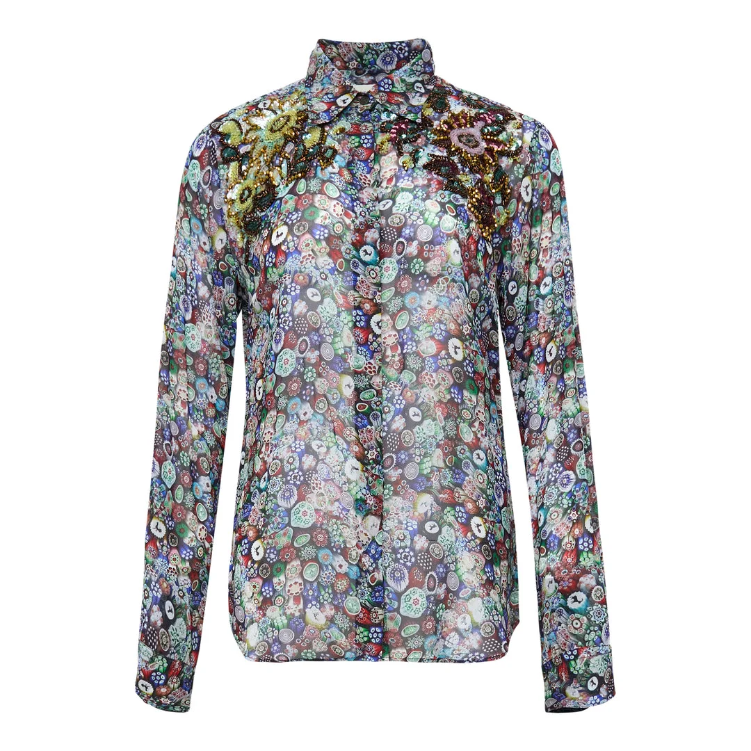 Embroidered Floral Print Fitted Shirt - 1