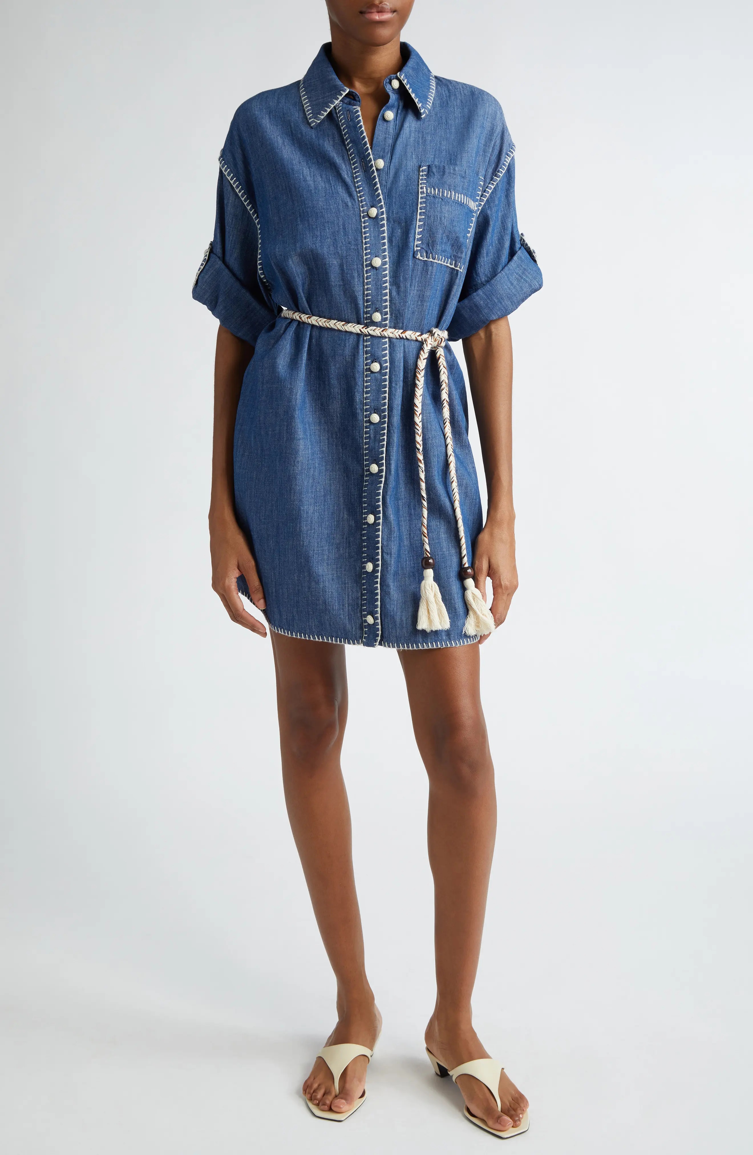 Blanket Stitch Denim Mini Shirtdress - 1