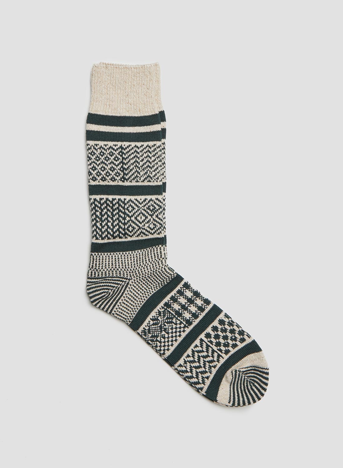 Rototo Multi Jacquard Crew Sock in Ivory/Dark Green - 3