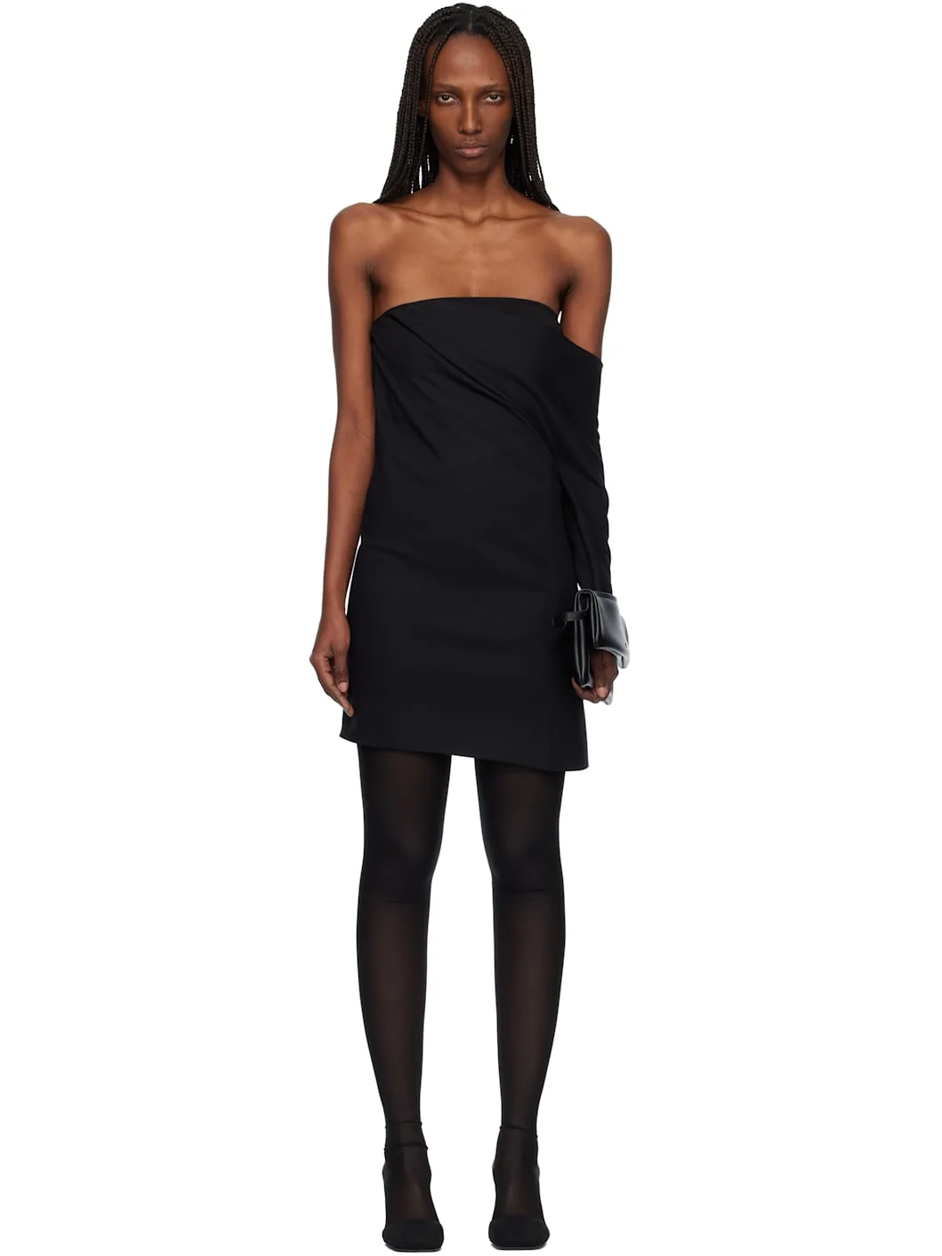 Black Draped Polywool Bustier Minidress - 1