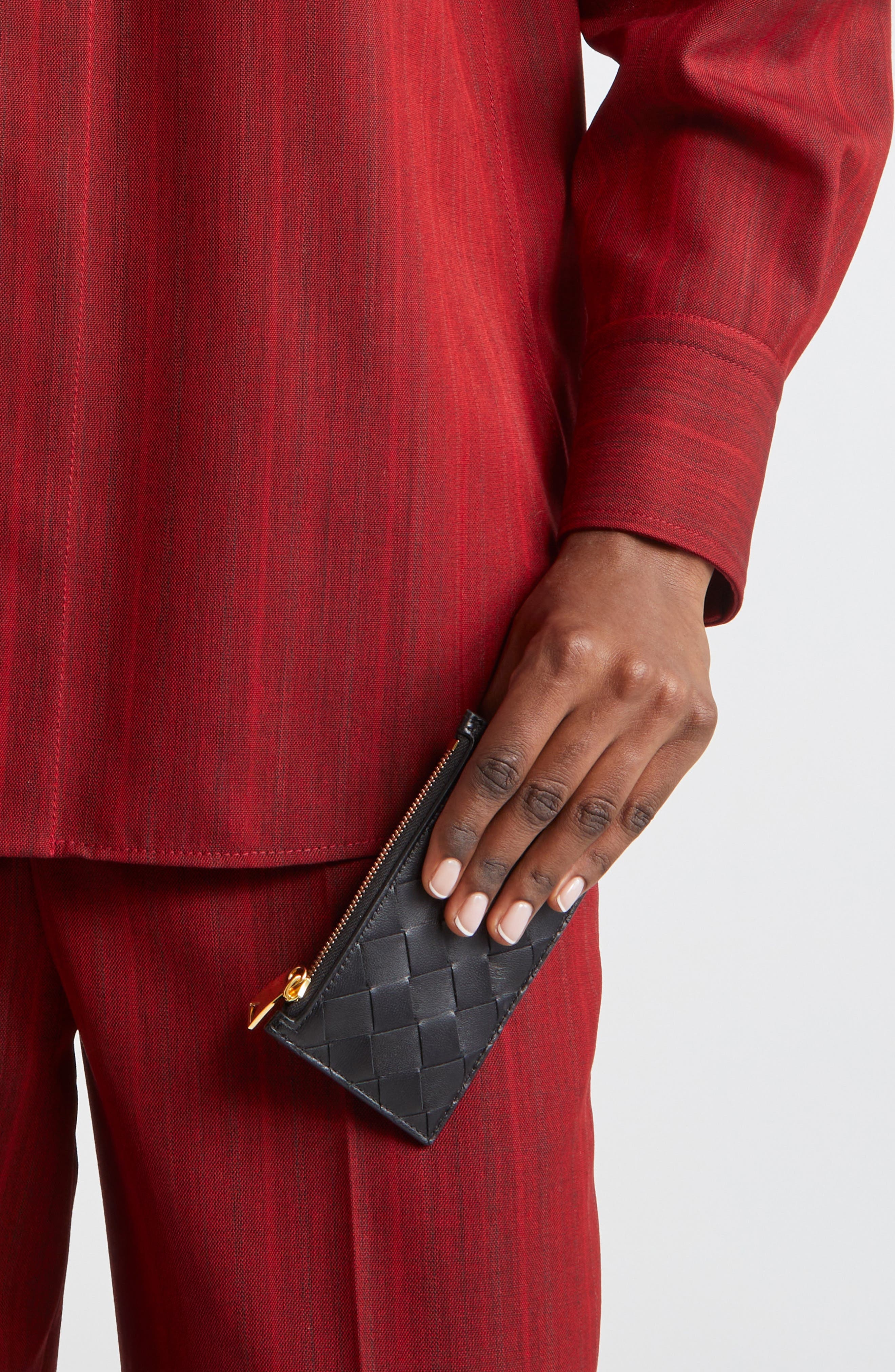 Bottega Veneta Intrecciato Leather Zip Card Case in 8425 Black-Gold at Nordstrom - 3