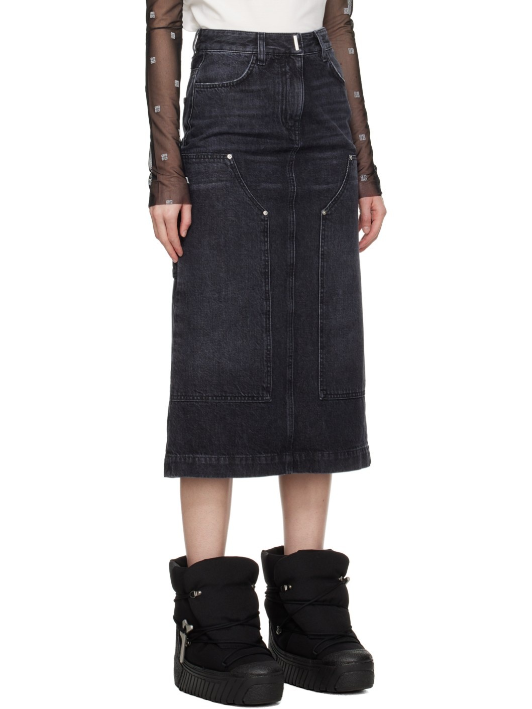 Black Reinforced Panel Denim Midi Skirt - 2