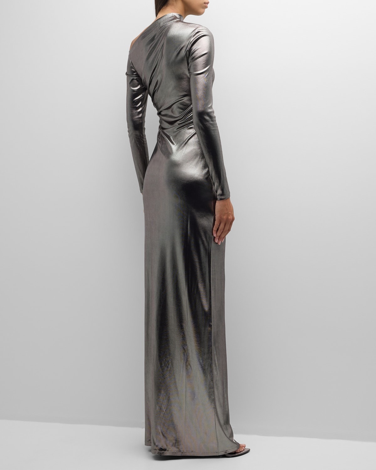 Metallic Long-Sleeve Ruched Gown - 5