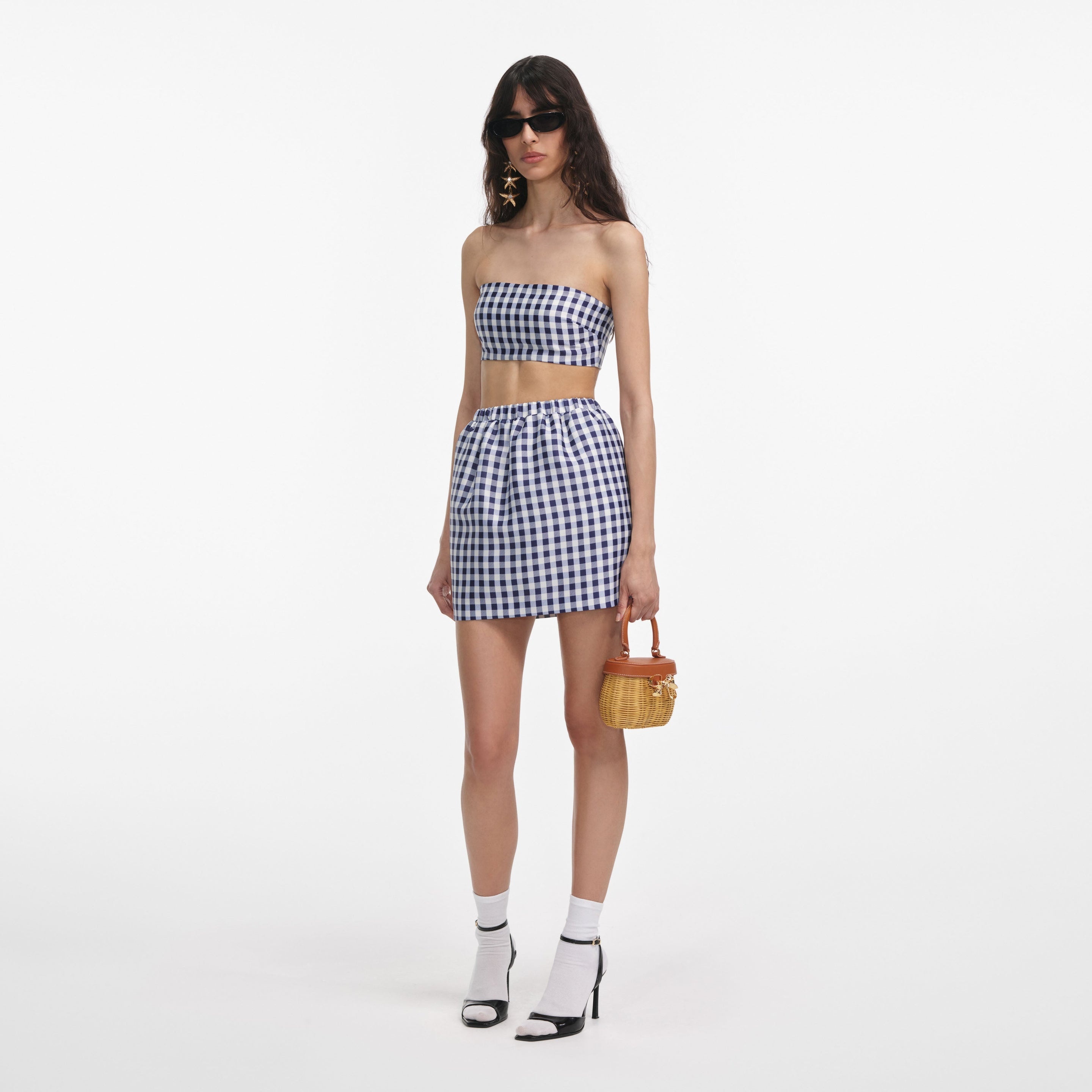 Navy Gingham Taffeta Mini Skirt - 2