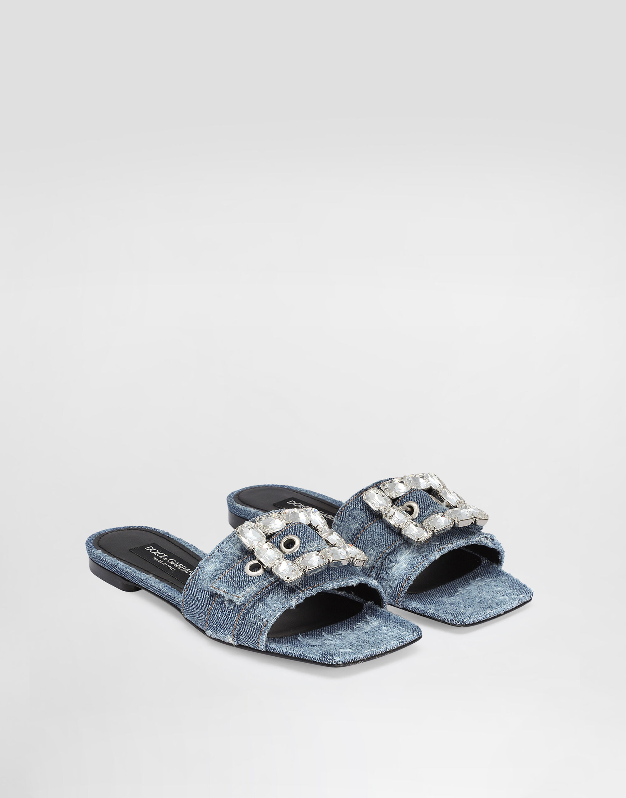 Patchwork denim slides with rhinestone buckle - 2