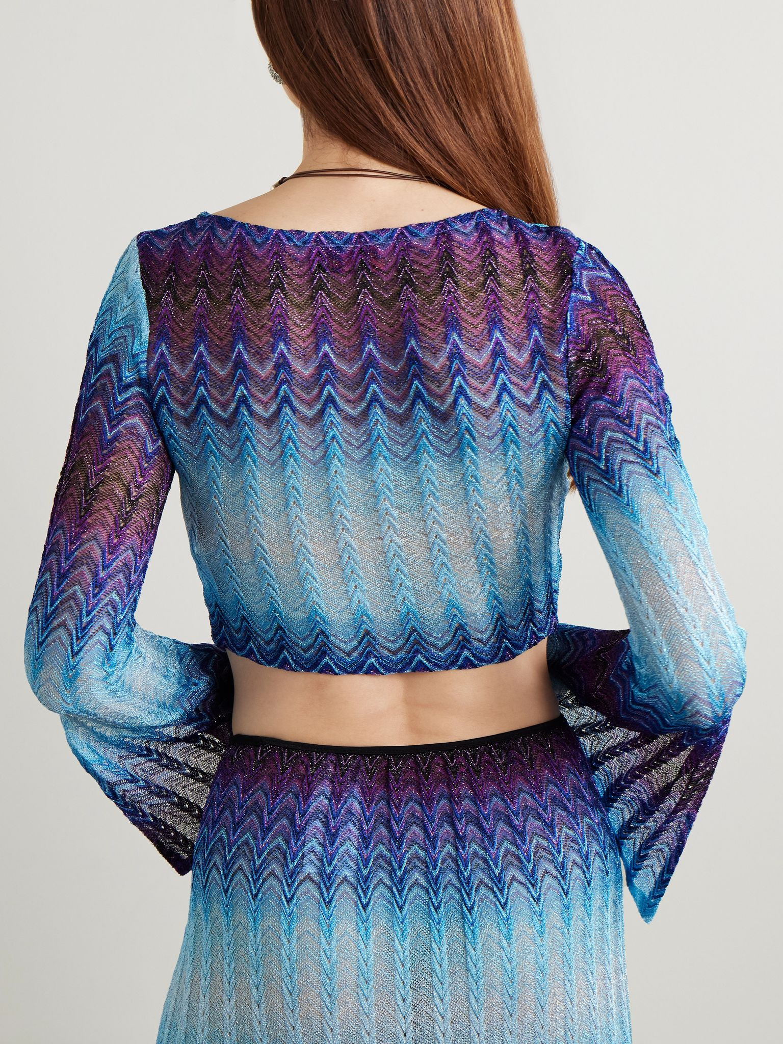 Cropped ombré metallic crochet-knit top Blue - 3