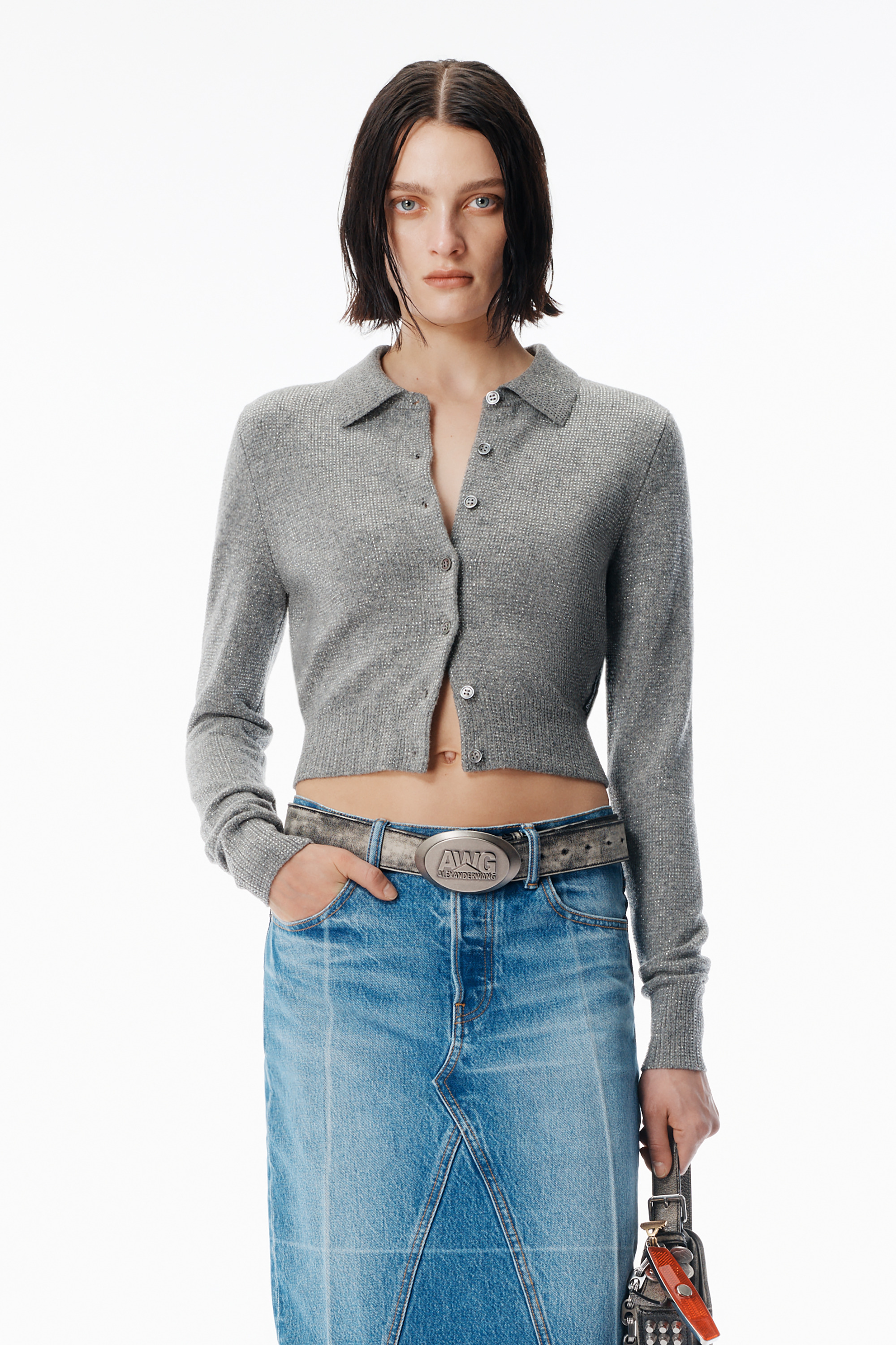 Grey Wool-Blend Hotfix Polo Cardigan - 2