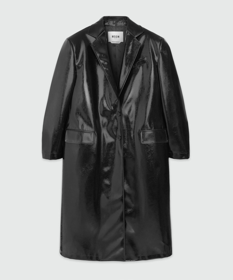 Black patent leather coat with structured shoulders 1