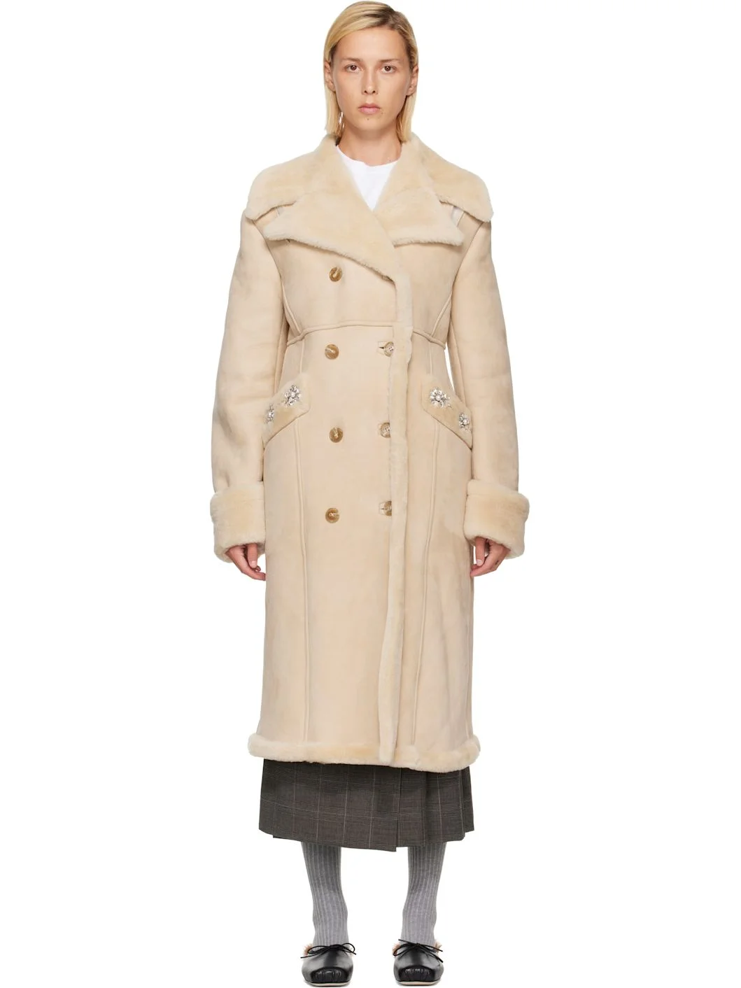 Beige Embellished Sheepskin Slash Shearling Coat - 1