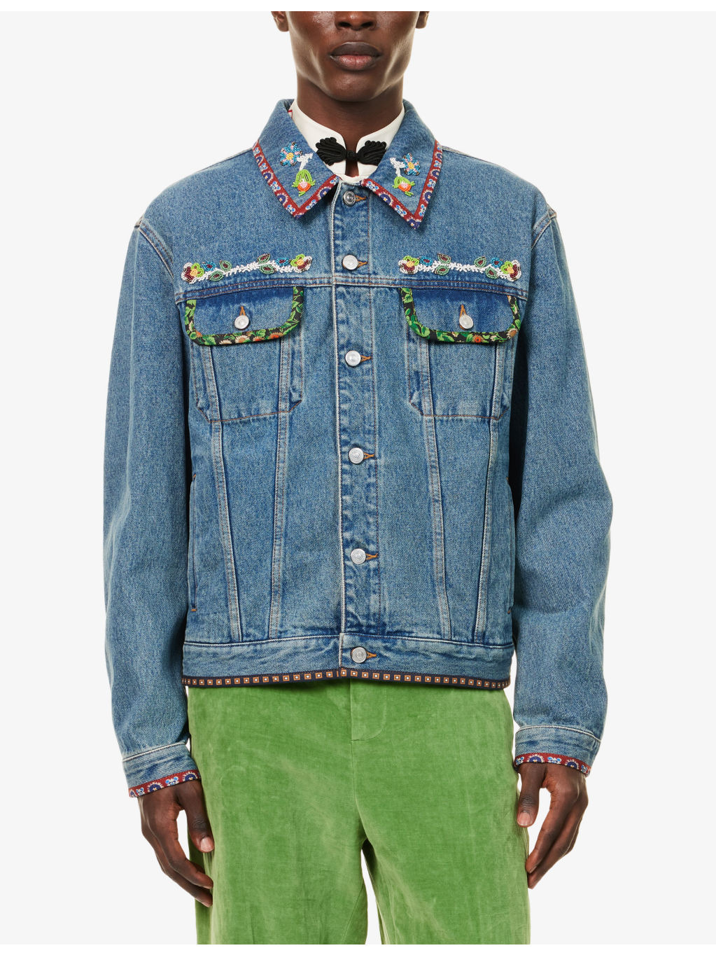Beaded-Embellishment Printed-Trims Denim Jacket - 3