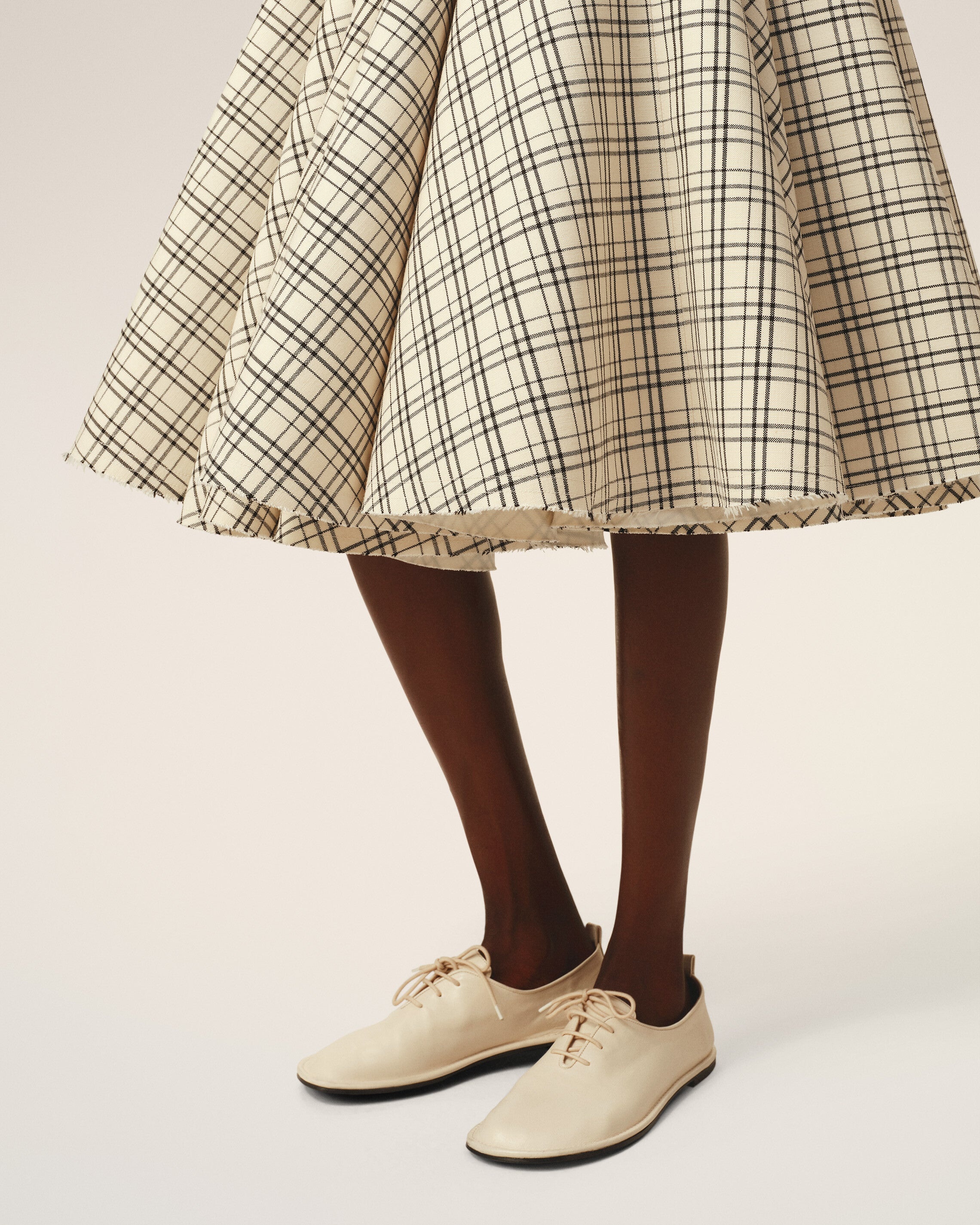 BEIGE CHECKED WOOL SKIRT WITH GODETS - 5