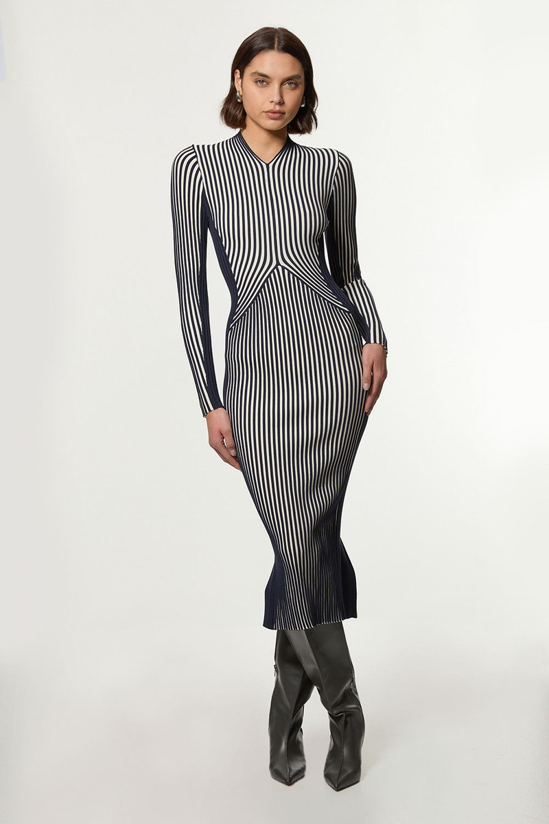 Petite Stripe Fitted Long Sleeve Knitted Midi Dress 1