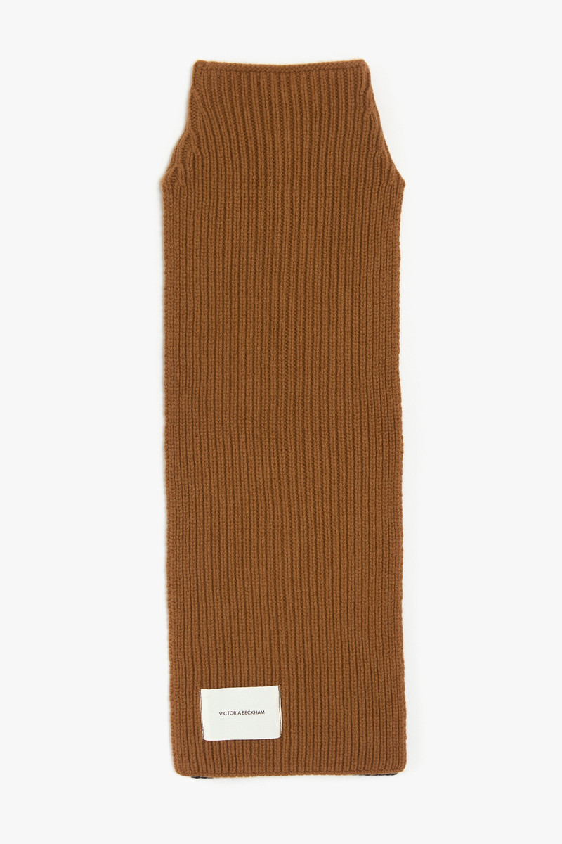 Knitted Polo Neck Scarf In Camel-Navy 1