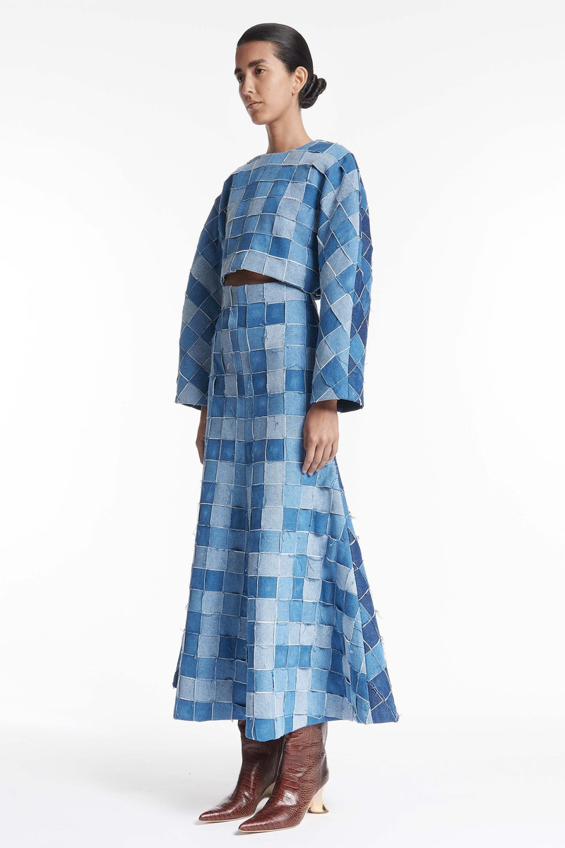 A.W.A.K.E. MODE UPCYCLED DENIM WEAVED SKIRT BLUE DENIM outlook