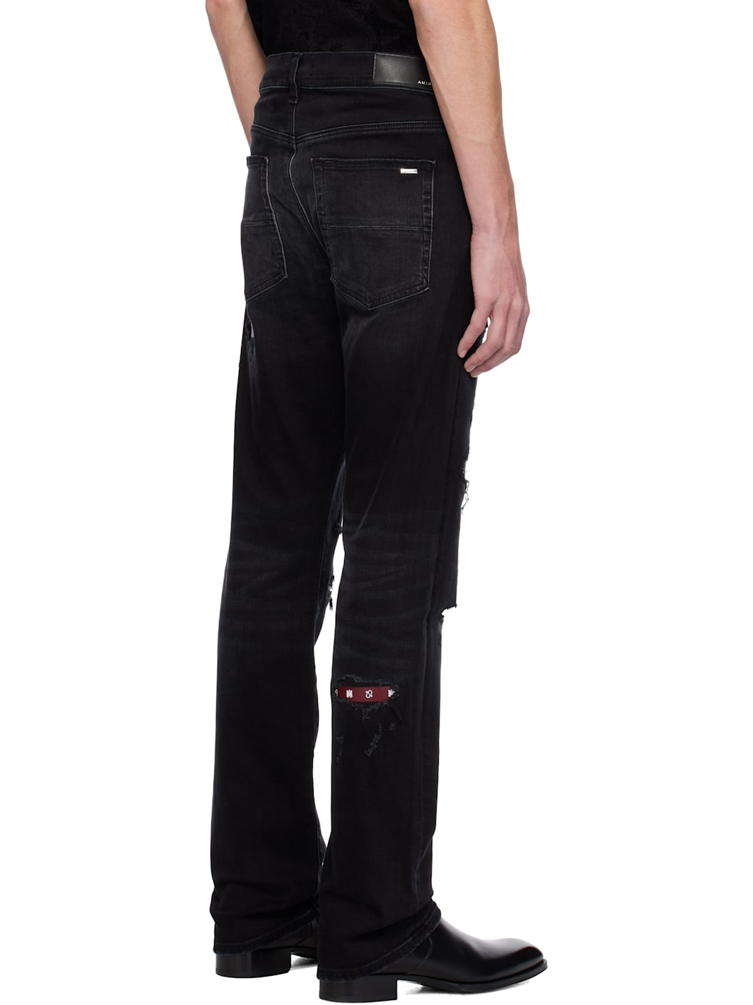 Black Leather Bandana Repaired Slim Jeans - 3