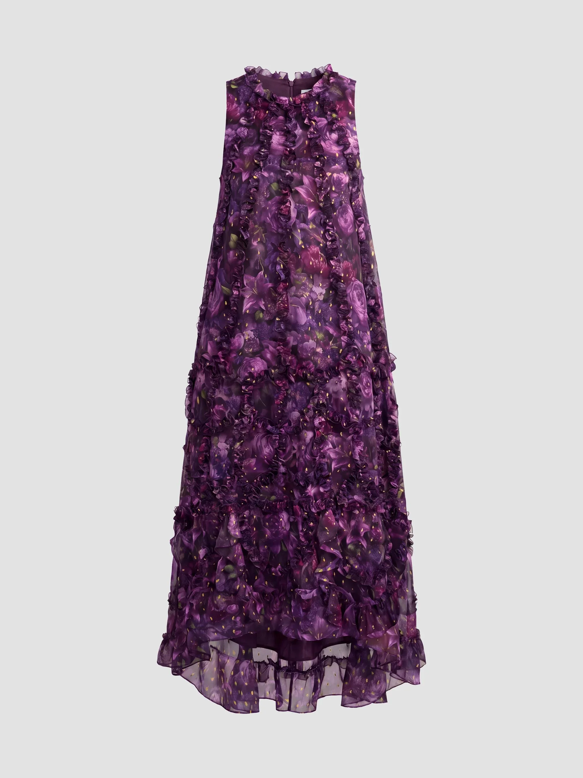 Women's Cocktail Floral Ruffled Sleeveless High-Low Gown - Purple Multi - 1