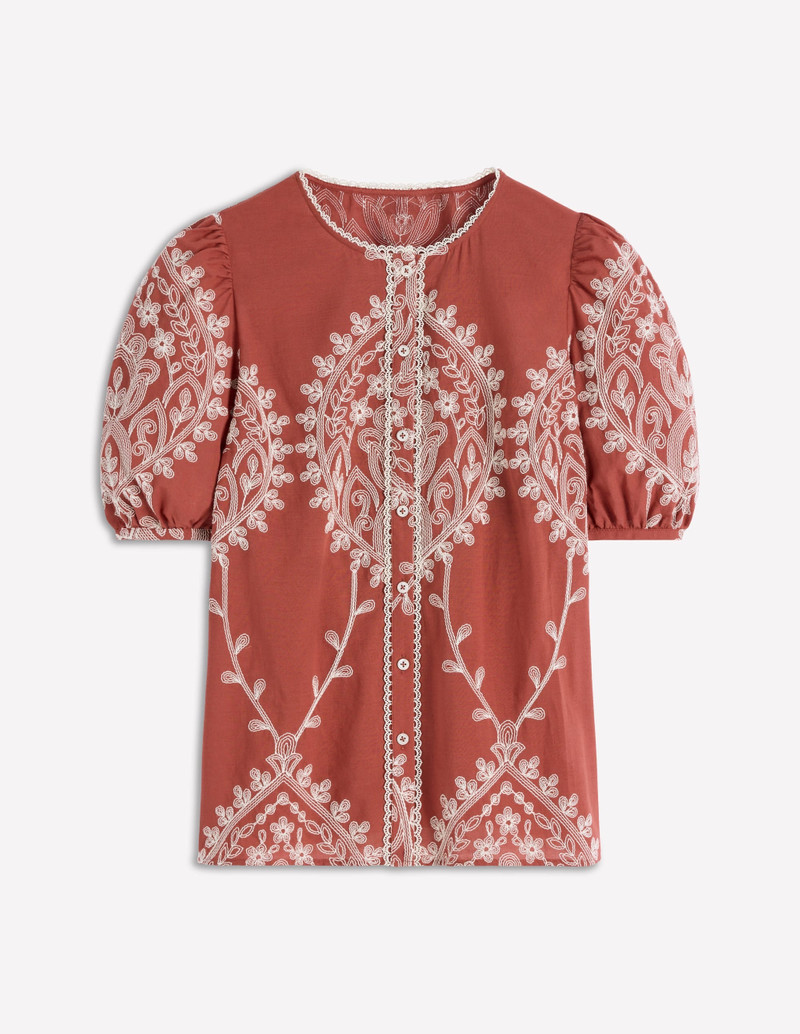 Leah Short Sleeve Interest Top-Red Floral Embroidery 1